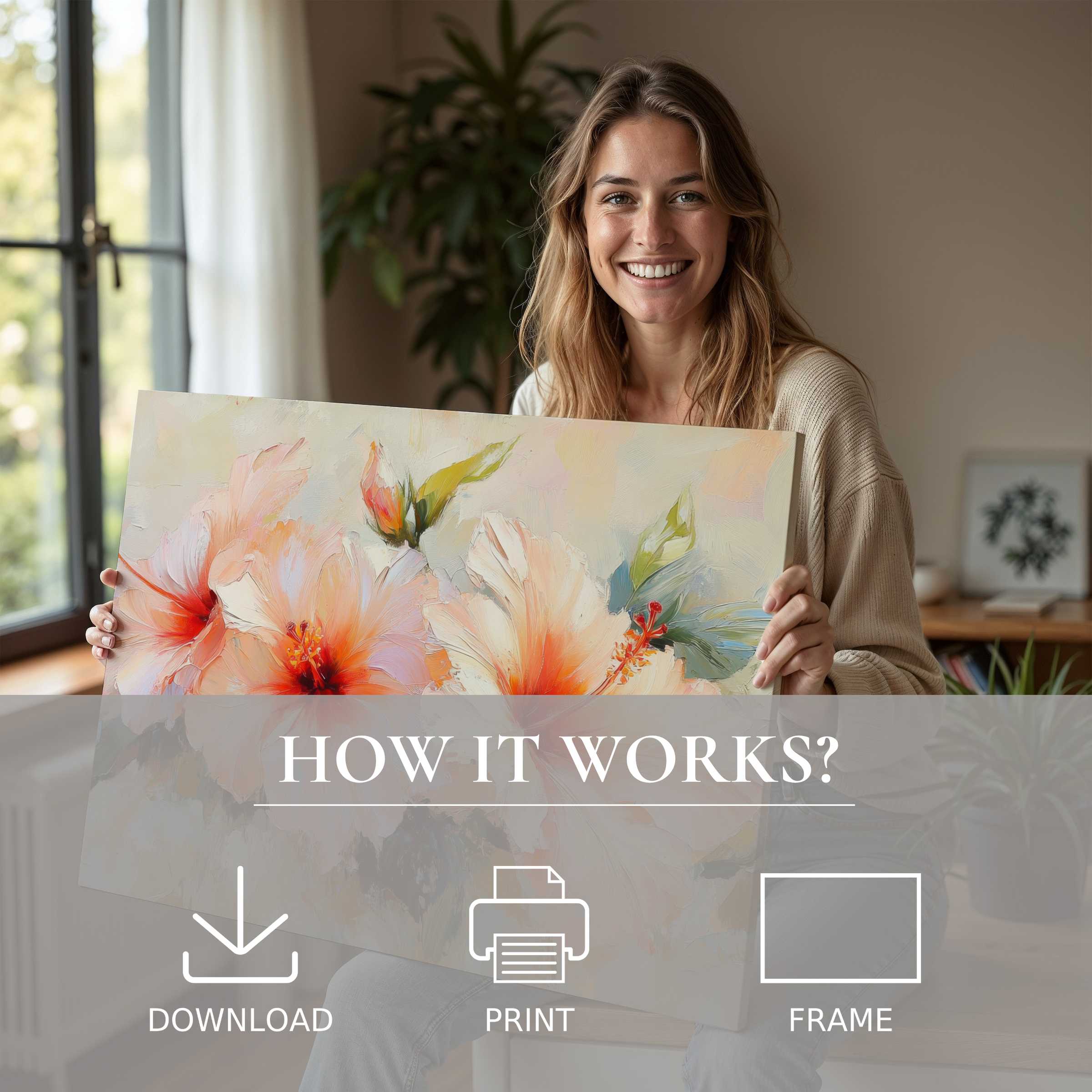 Radiant botanical digital art print brightens a serene modern home, evoking warmth and effortless elegance in everyday living