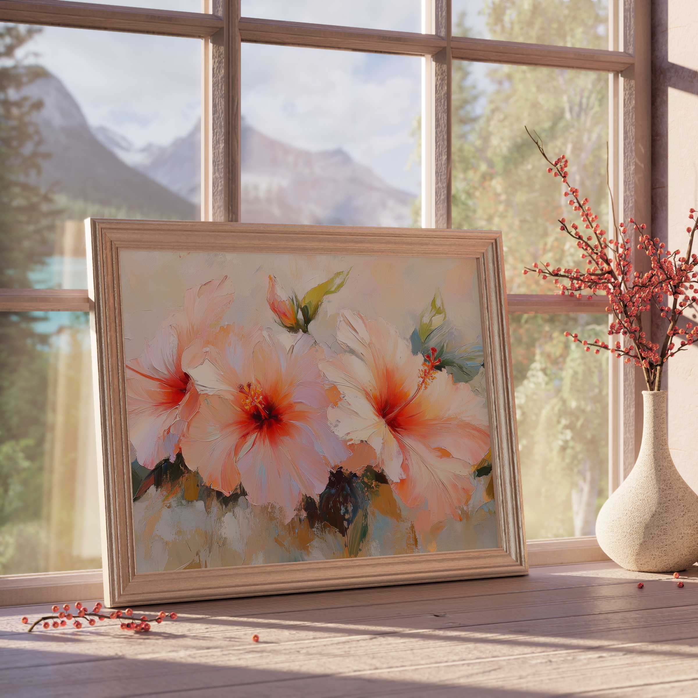 Botanical downloadable art featuring soft hibiscus blooms in warm coral hues, elevating tranquil, curated interiors with timeless elegance