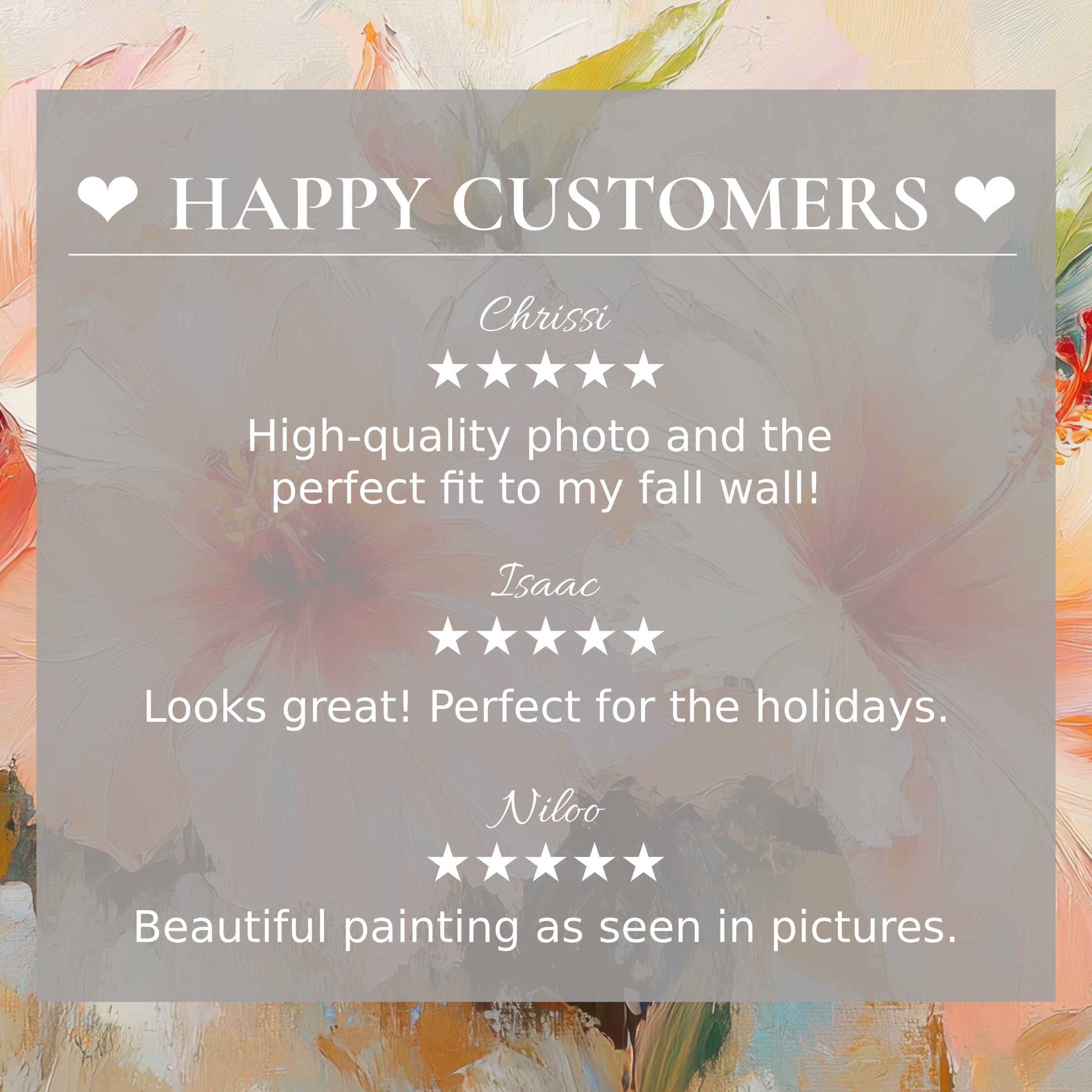 Positive reviews from happy customer highlight botanical art for Frame TV with soft floral colors, building trust and elegance