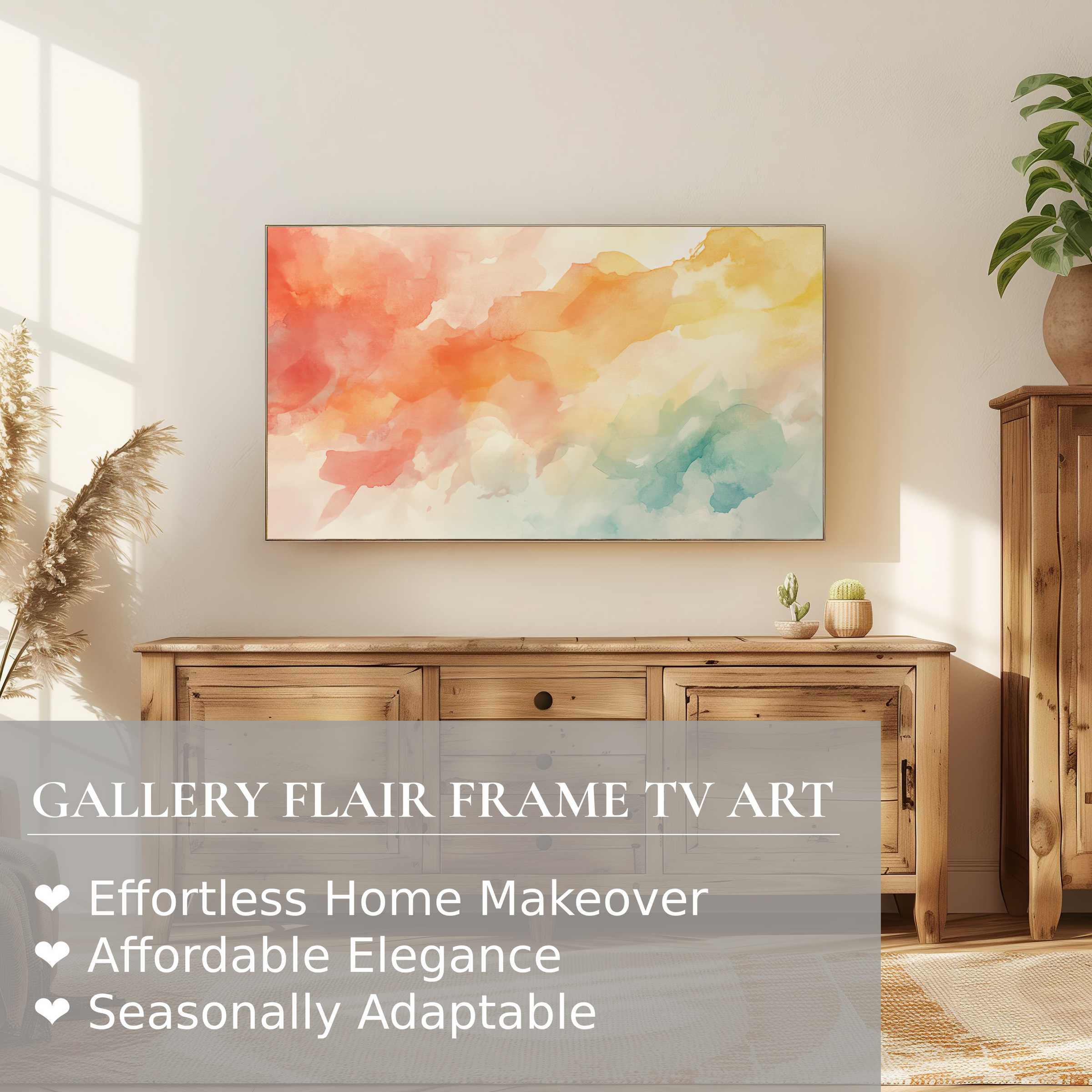 Elegant Samsung Frame TV displaying modern digital artwork with soft hues in a serene, stylish living space