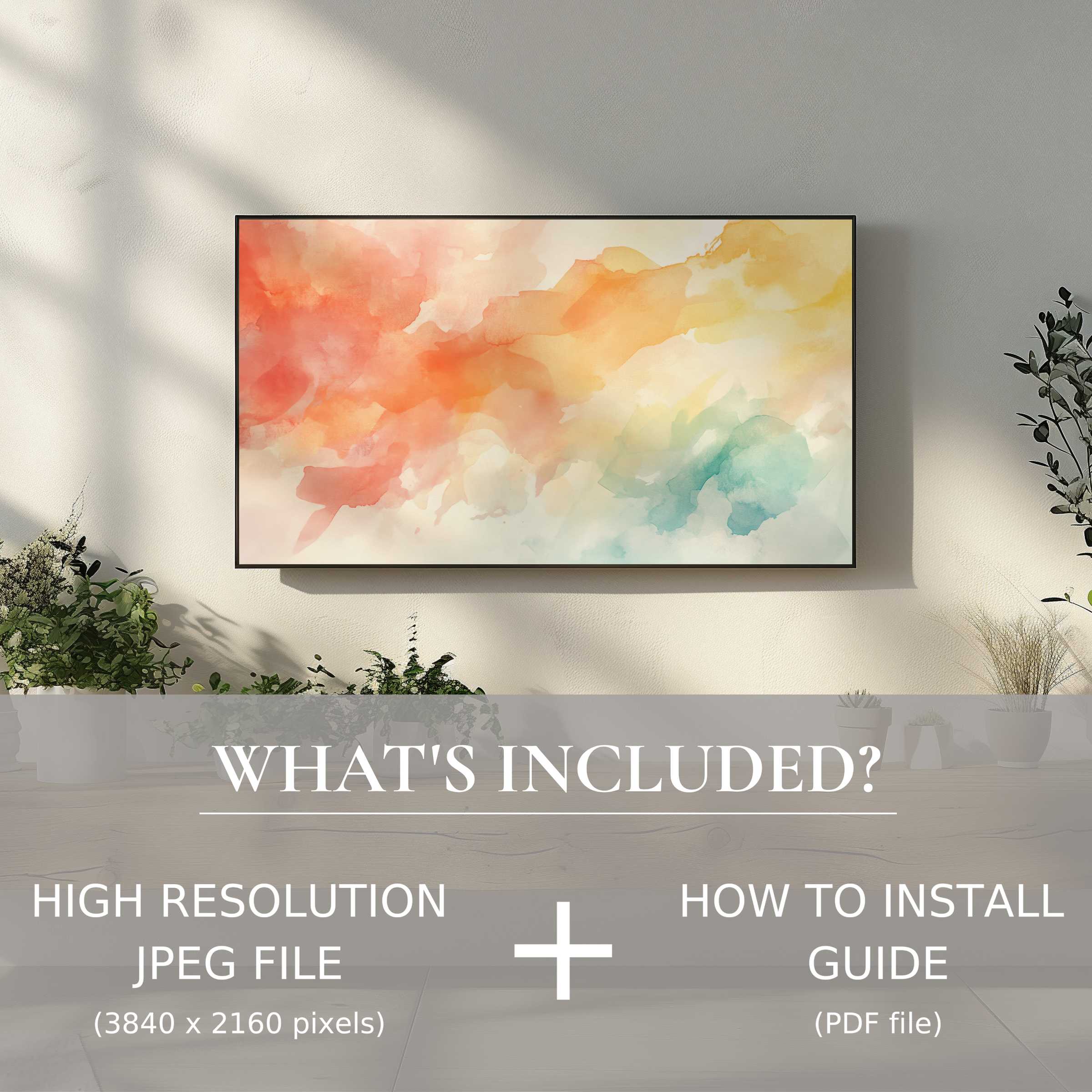 Elegant living room with soft watercolor on TV, a modern digital TV art download for easy, stylish home decor enhancement