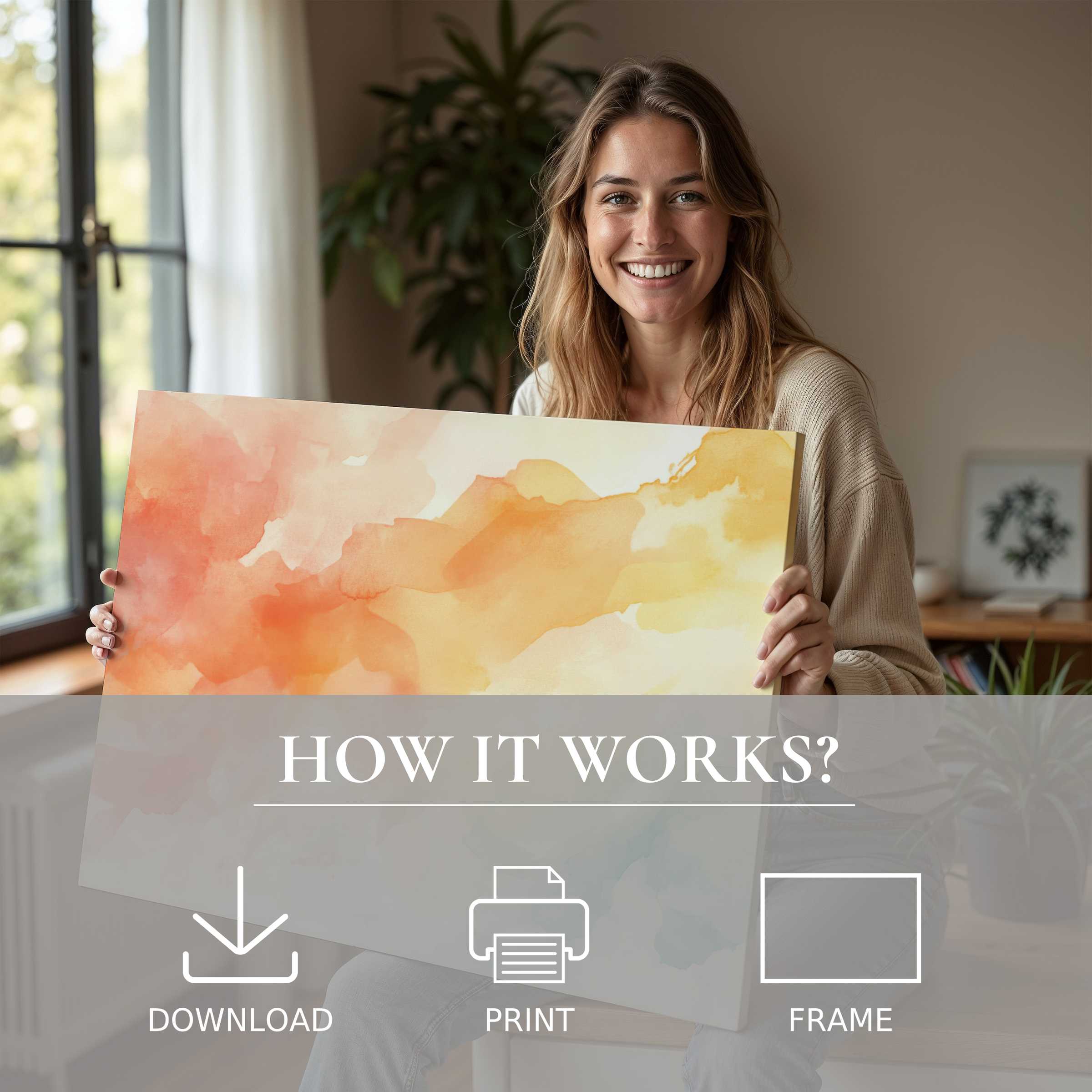 A radiant woman in a stylish home embraces a modern digital art print, infusing warmth and joy into everyday living