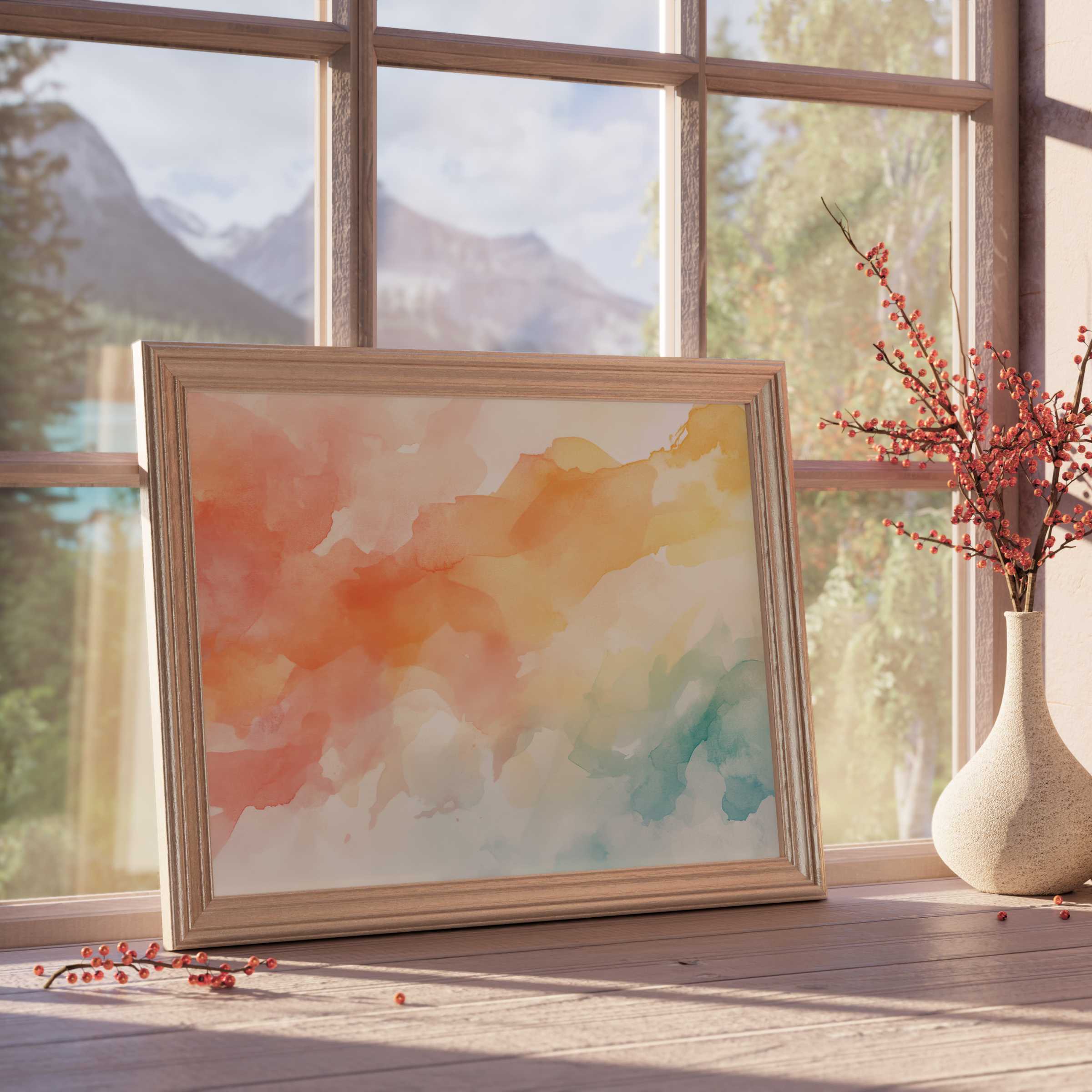 Modern downloadable art with warm watercolor hues enhances serene, design-forward interiors with soft natural light and elegant textures