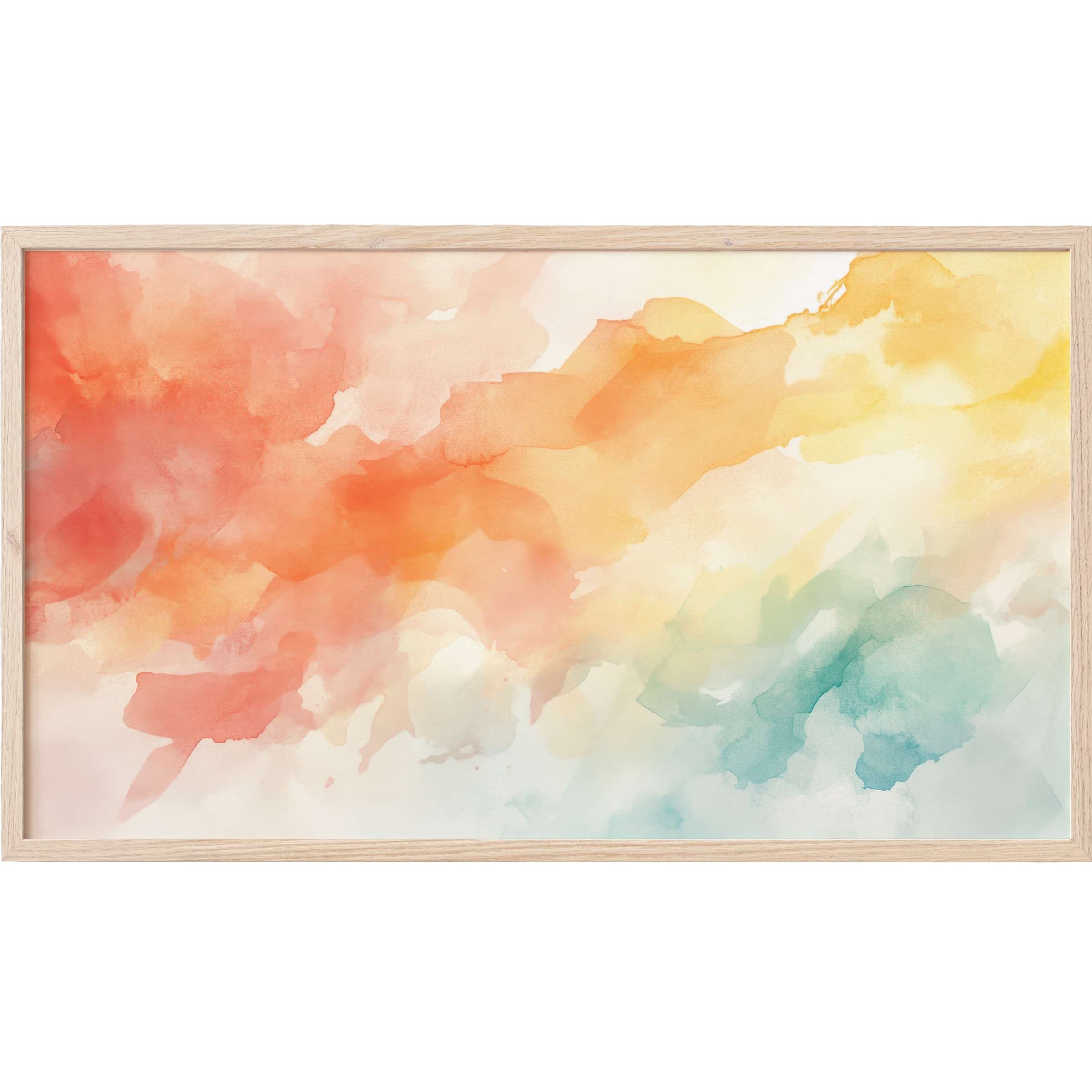 Modern Frame TV Art with soft watercolor washes in warm coral, orange, yellow, and cool teal for elegant ambiance