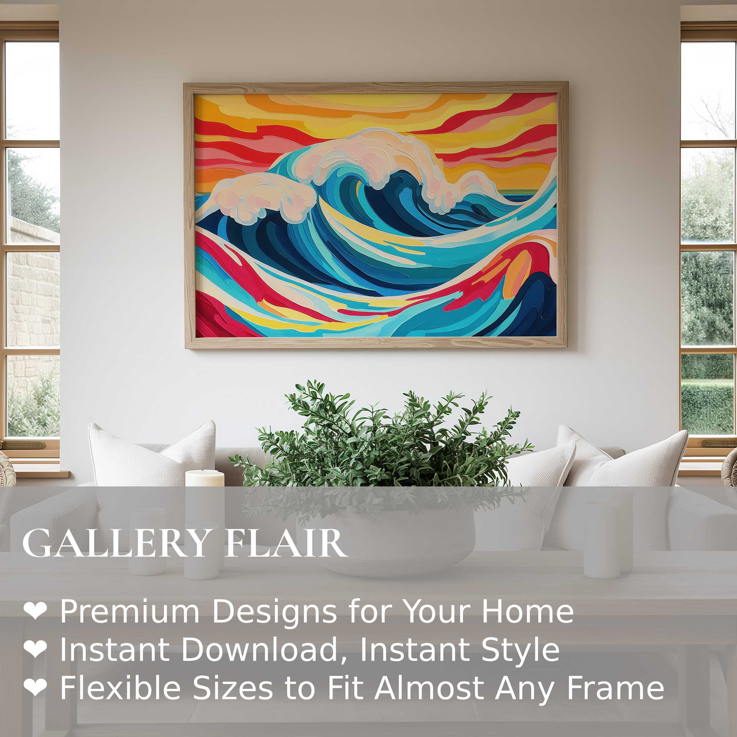 Vibrant pop art wall art print of dynamic ocean waves in bold blues and warm sunset hues, elevating minimalist modern interiors with energetic coastal charm
