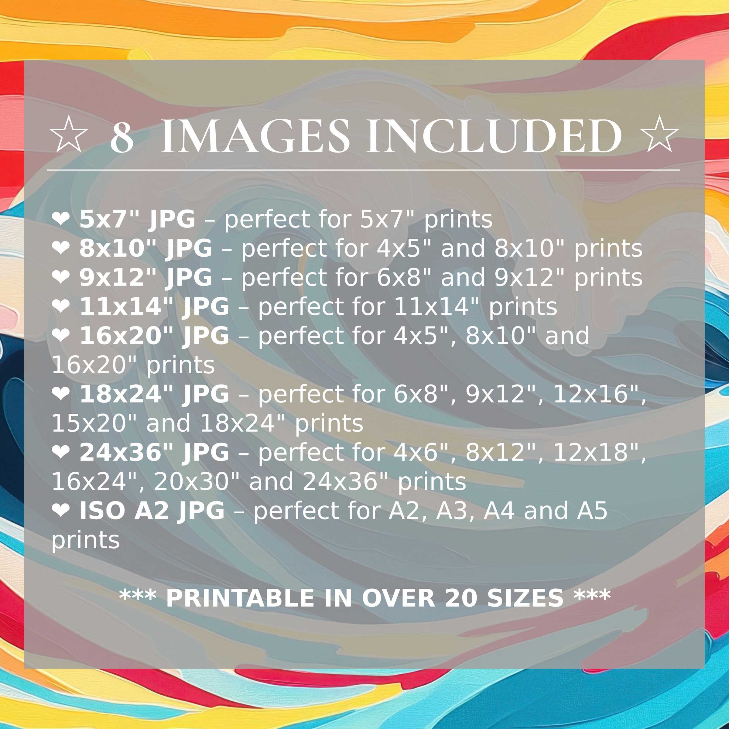 Pop art digital print radiates vibrant reds, yellows, and blues, elevating modern interiors with bold style; includes 8 high-quality sizes