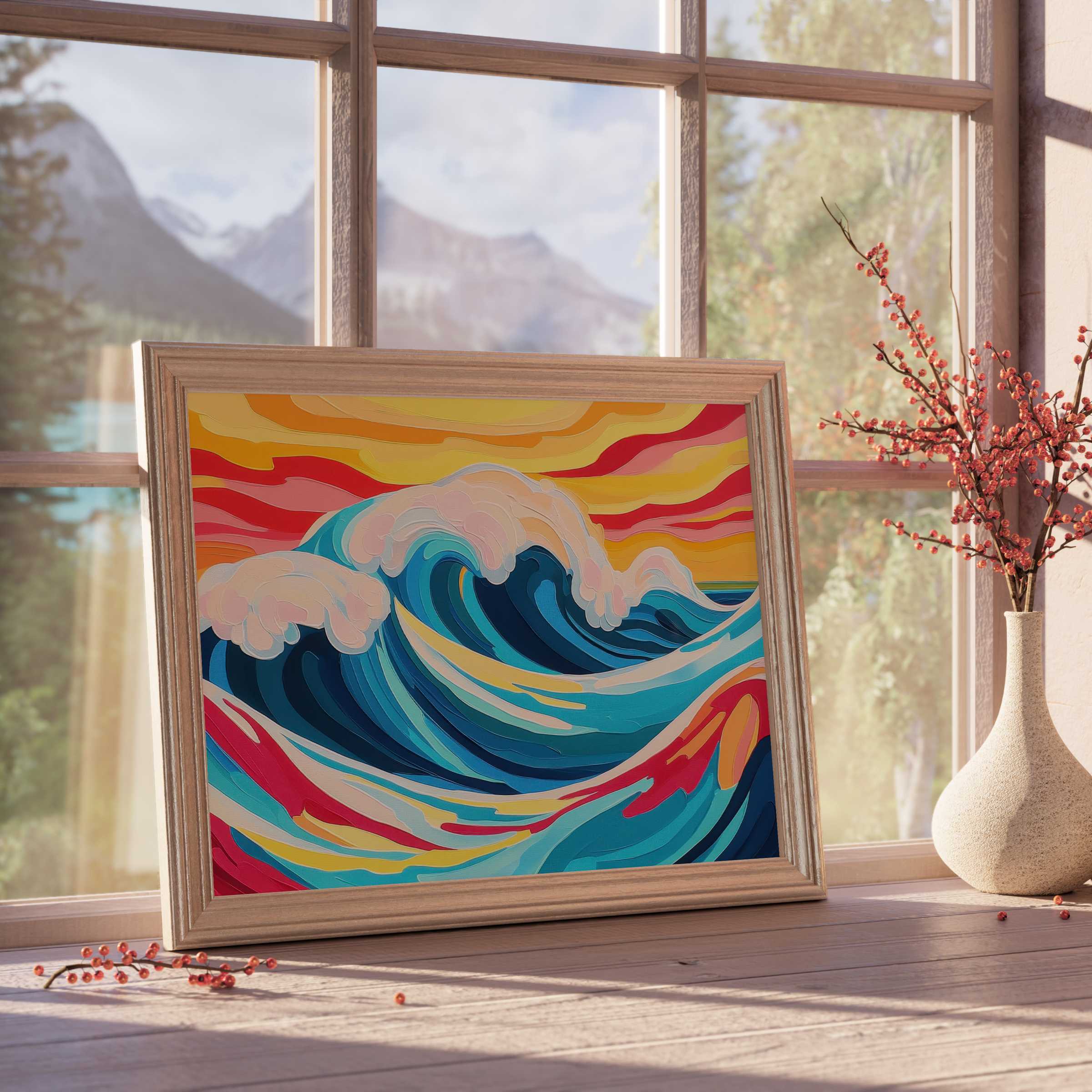 Vibrant pop art downloadable art featuring dynamic ocean waves in rich blues and warm sunset hues, elevating curated, tranquil interiors with bold coastal elegance