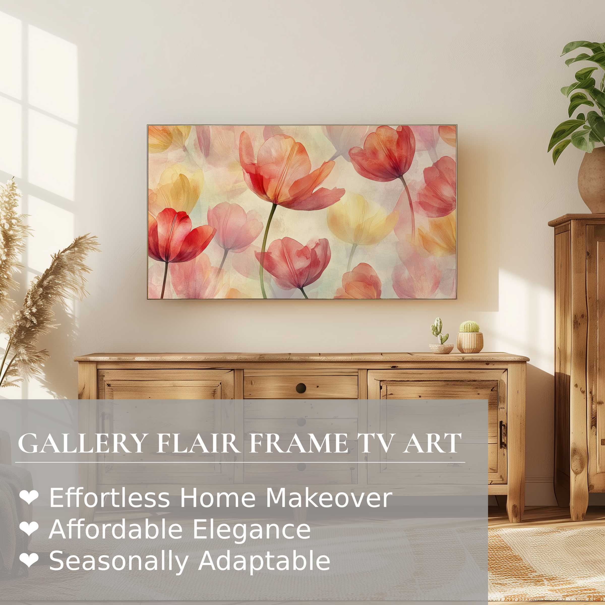 Samsung Frame TV displaying soft pastel floral digital artwork in a bright, modern, and elegant living space