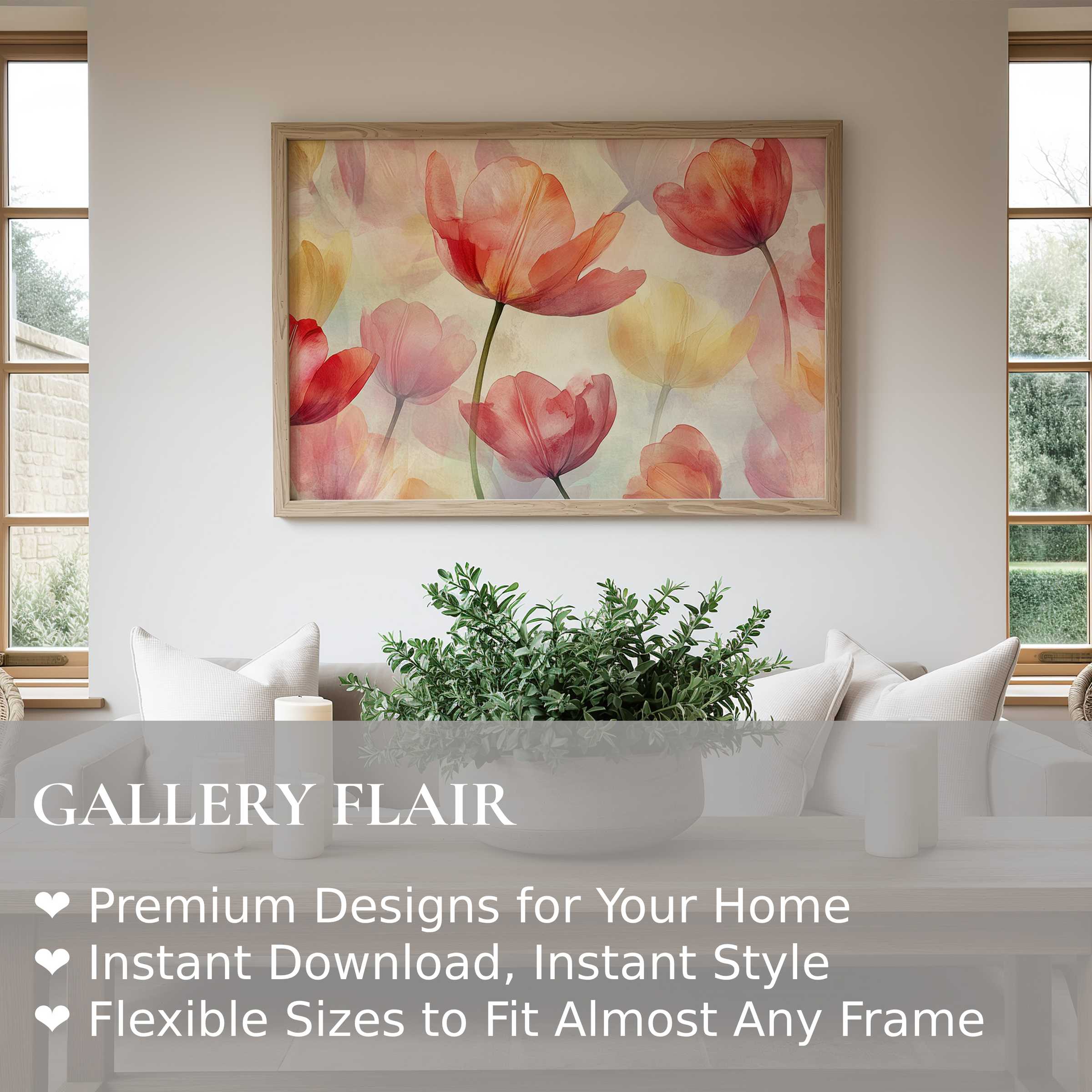 Delicate floral wall art print with soft red and yellow tulips, enhancing modern minimalist interiors with a radiant, calming elegance