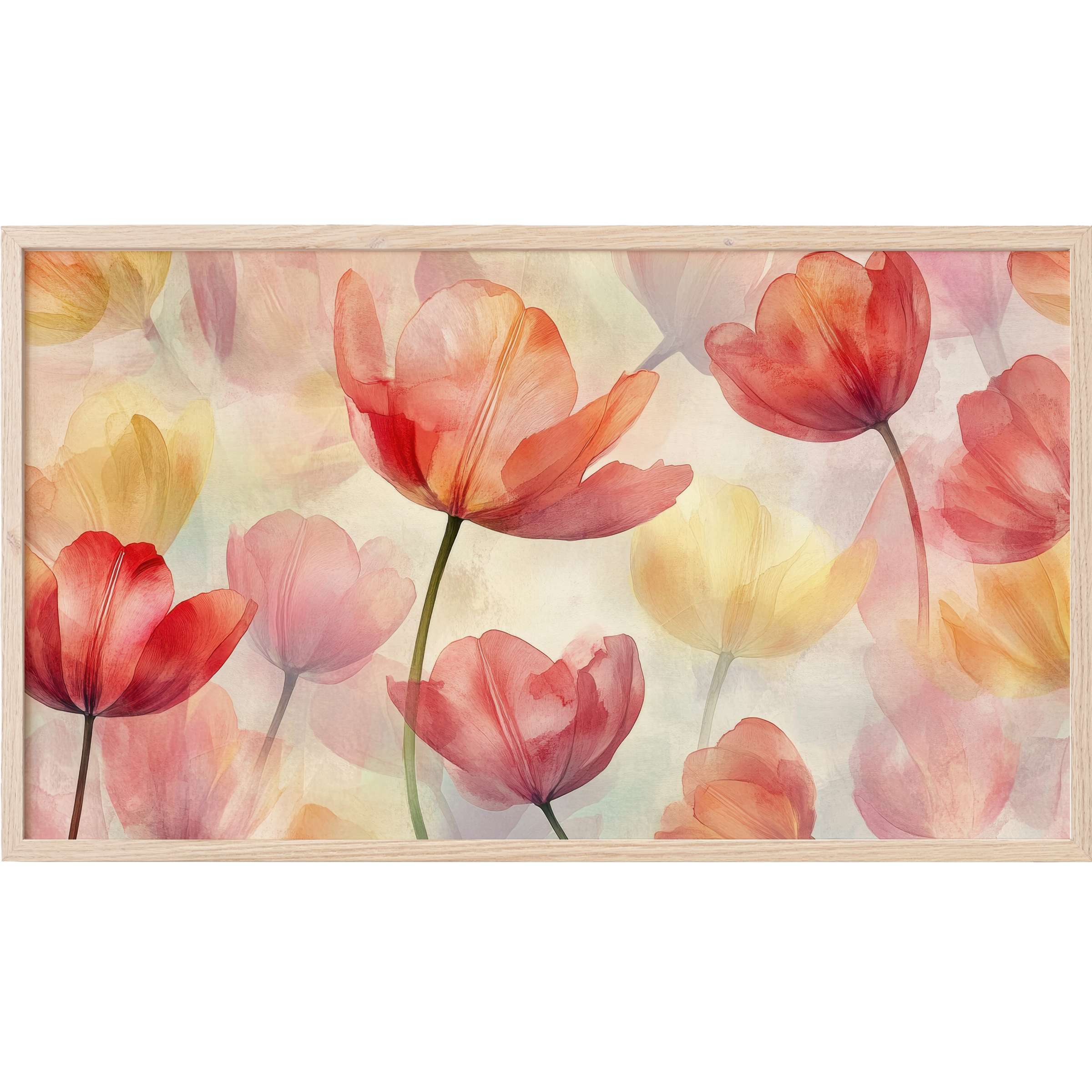 Floral Frame TV Art with translucent red, orange, and yellow tulips rendered in soft, modern watercolor style