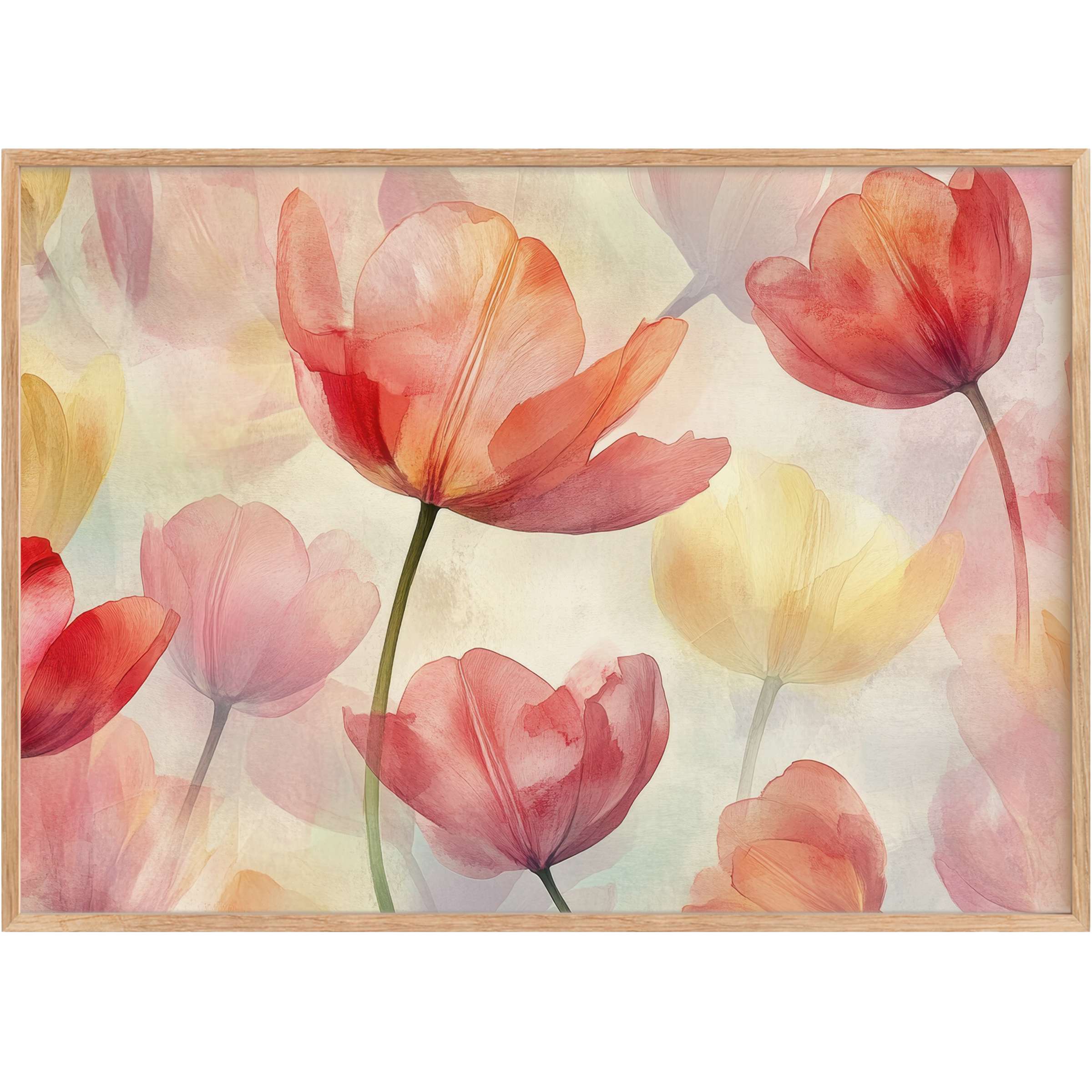 Ethereal floral printable wall art with soft coral, blush, and buttery yellow tulips, evoking a serene, uplifting ambiance