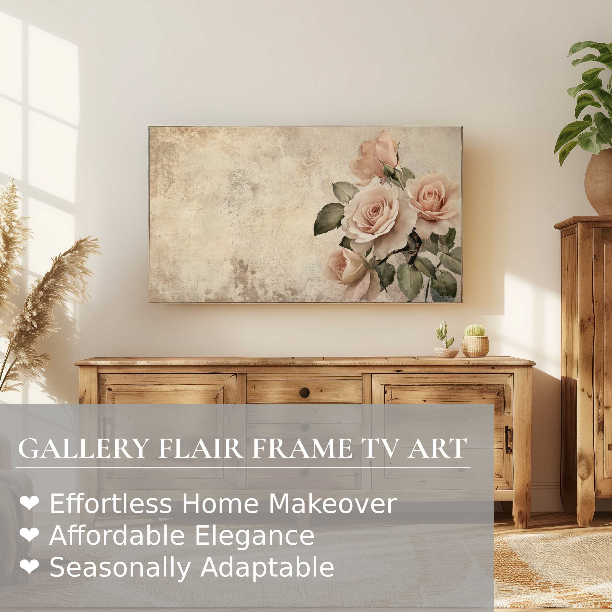 Samsung Frame TV displaying spring digital artwork of soft roses in a minimalist, elegant living space