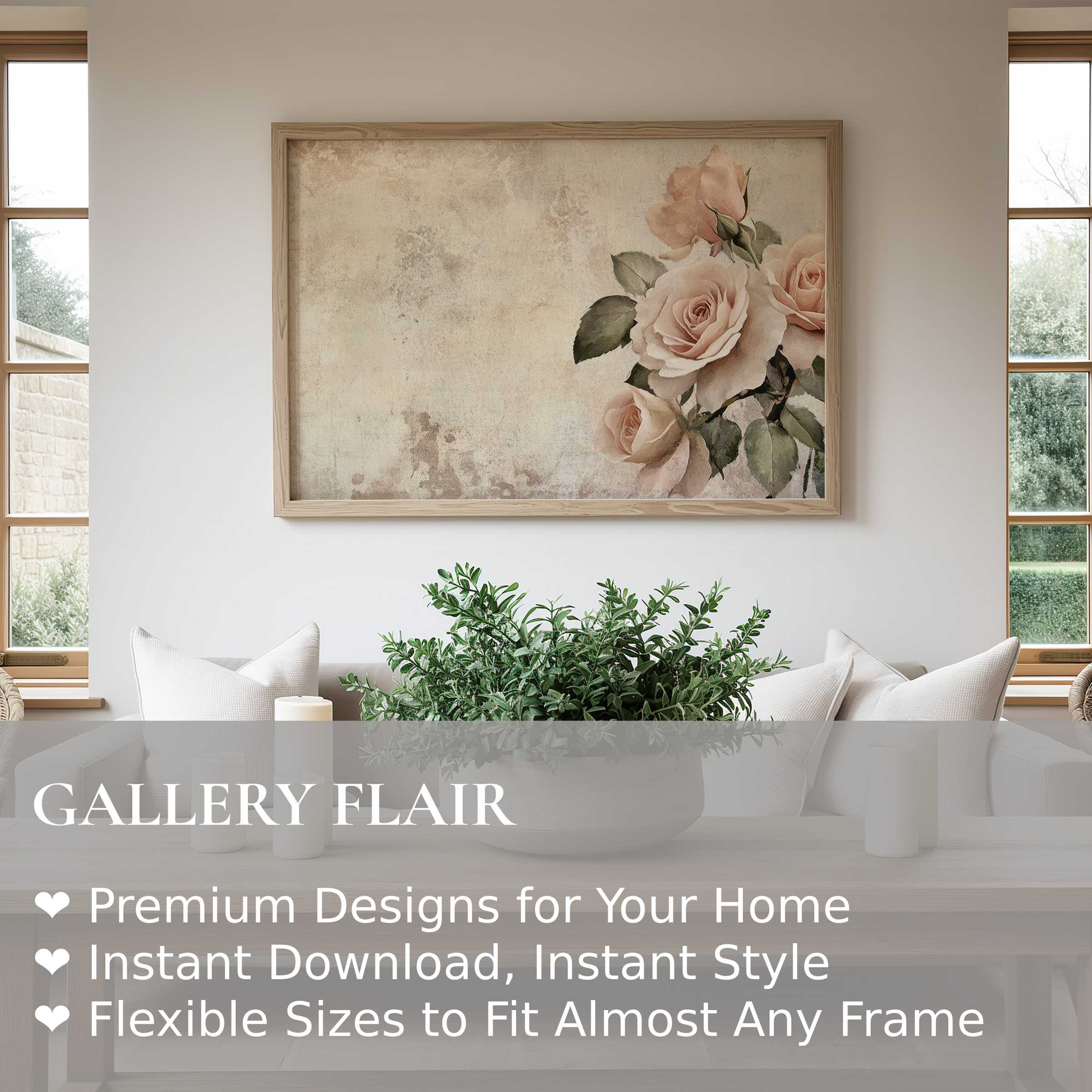 Delicate spring wall art print with soft blush roses enhances modern minimalist interiors, adding calming elegance and natural charm