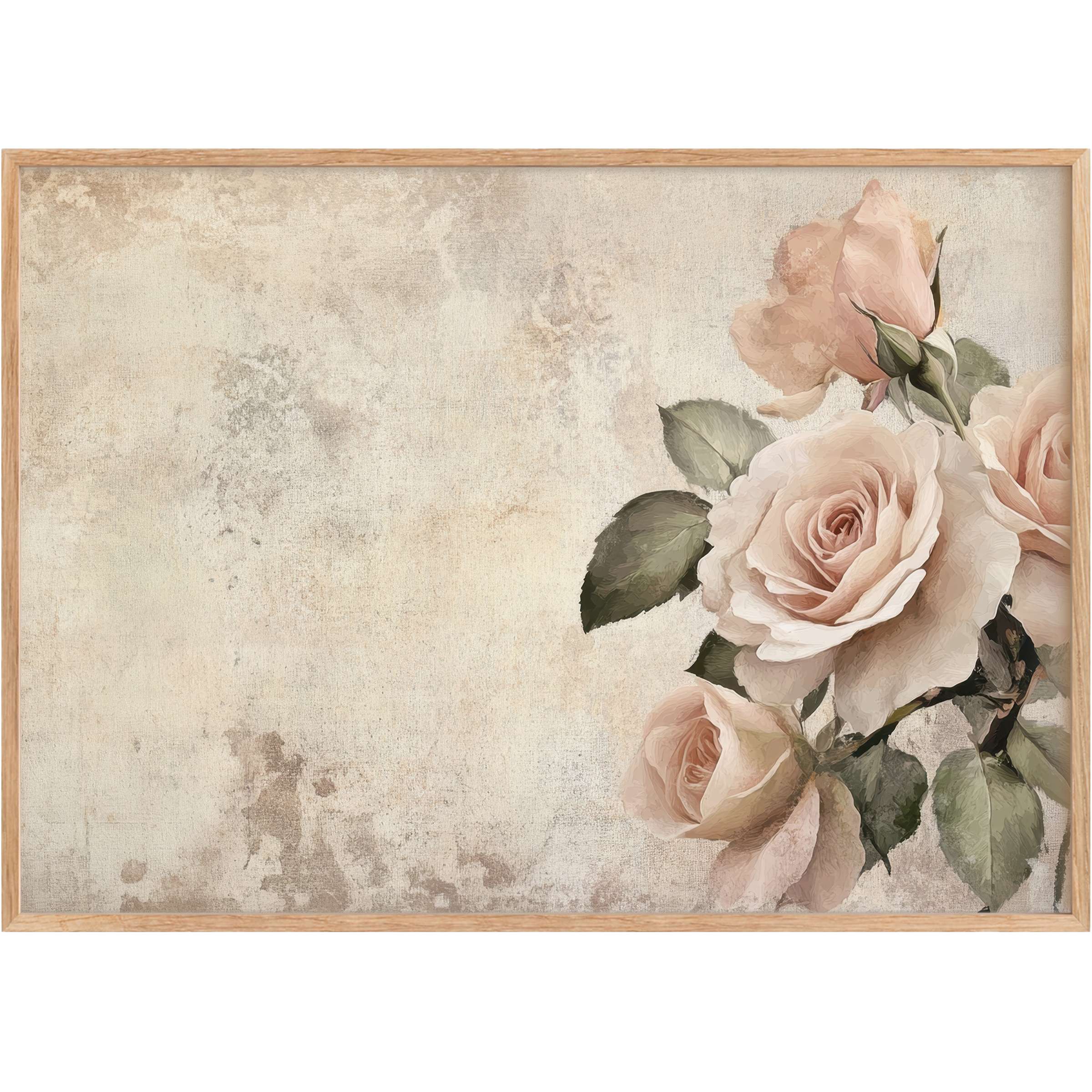 Elegant spring printable wall art featuring soft blush roses and muted greens, evoking a serene, timeless ambiance