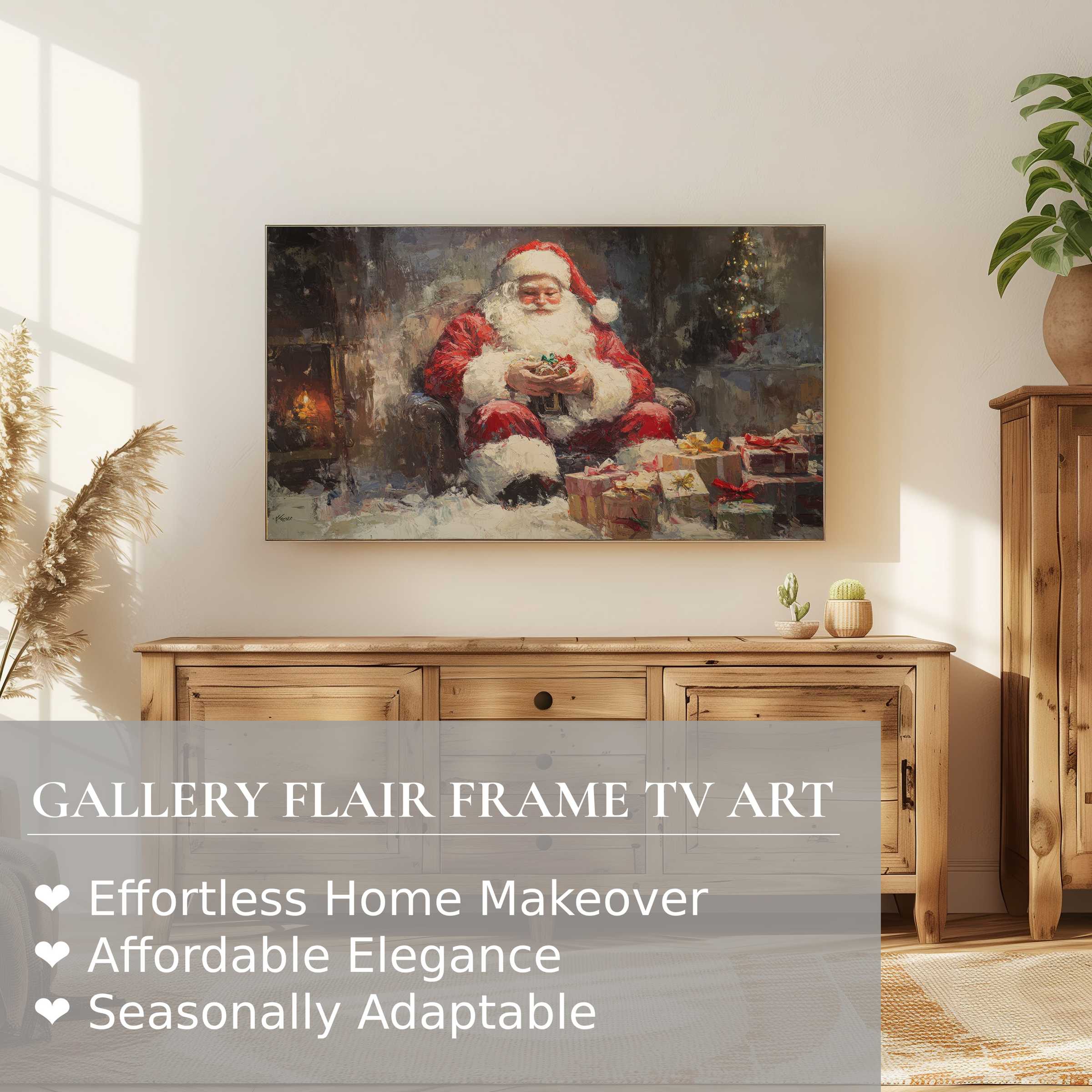 Elegant christmas digital artwork of Santa on Samsung Frame TV in warm, cozy room with rustic wood decor and plants