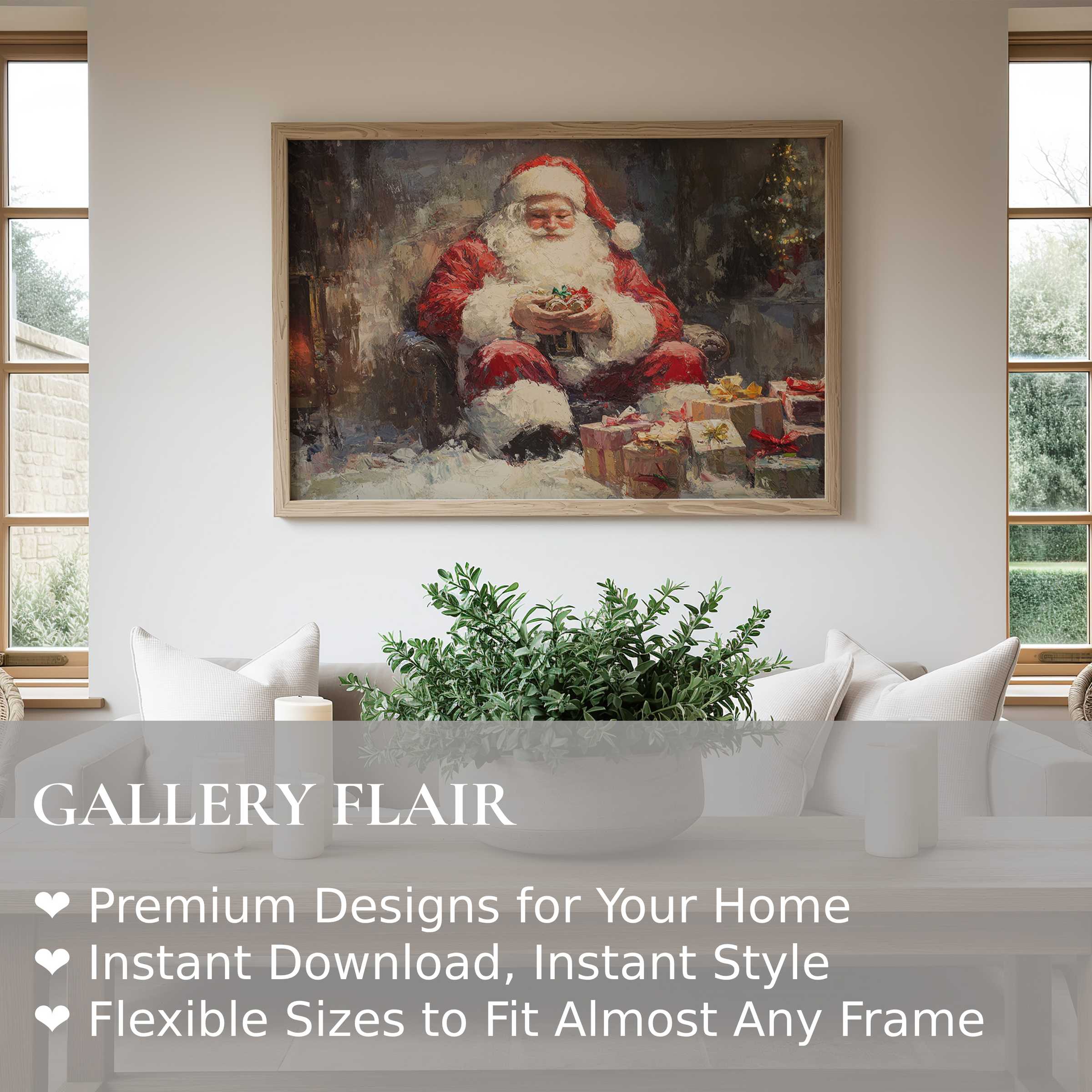Christmas wall art print featuring a radiant Santa amid warm gifts, enriching modern minimalist interiors with festive charm and cozy elegance