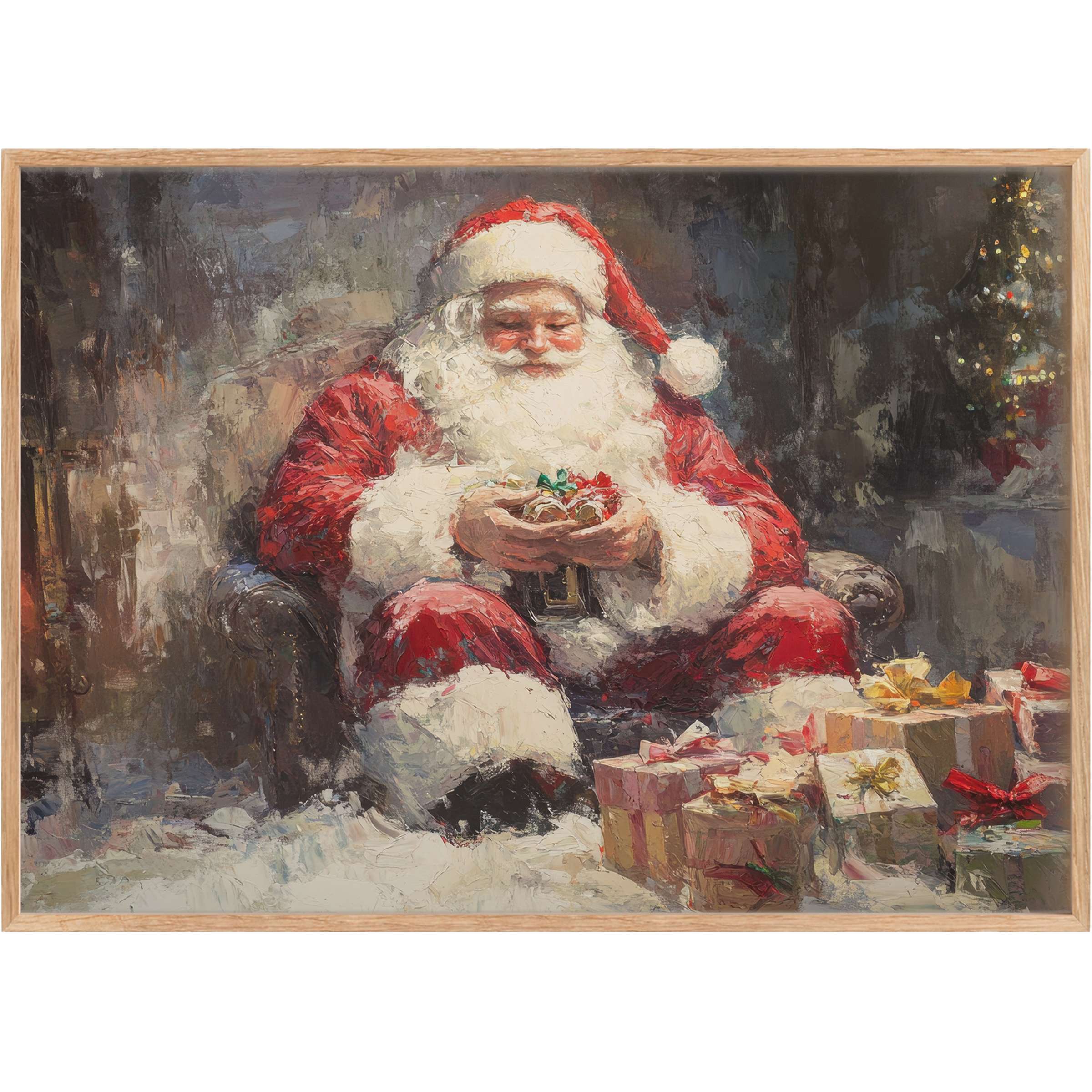 Warm and inviting Christmas printable wall art featuring a serene Santa in rich reds and soft whites, evoking cozy holiday joy