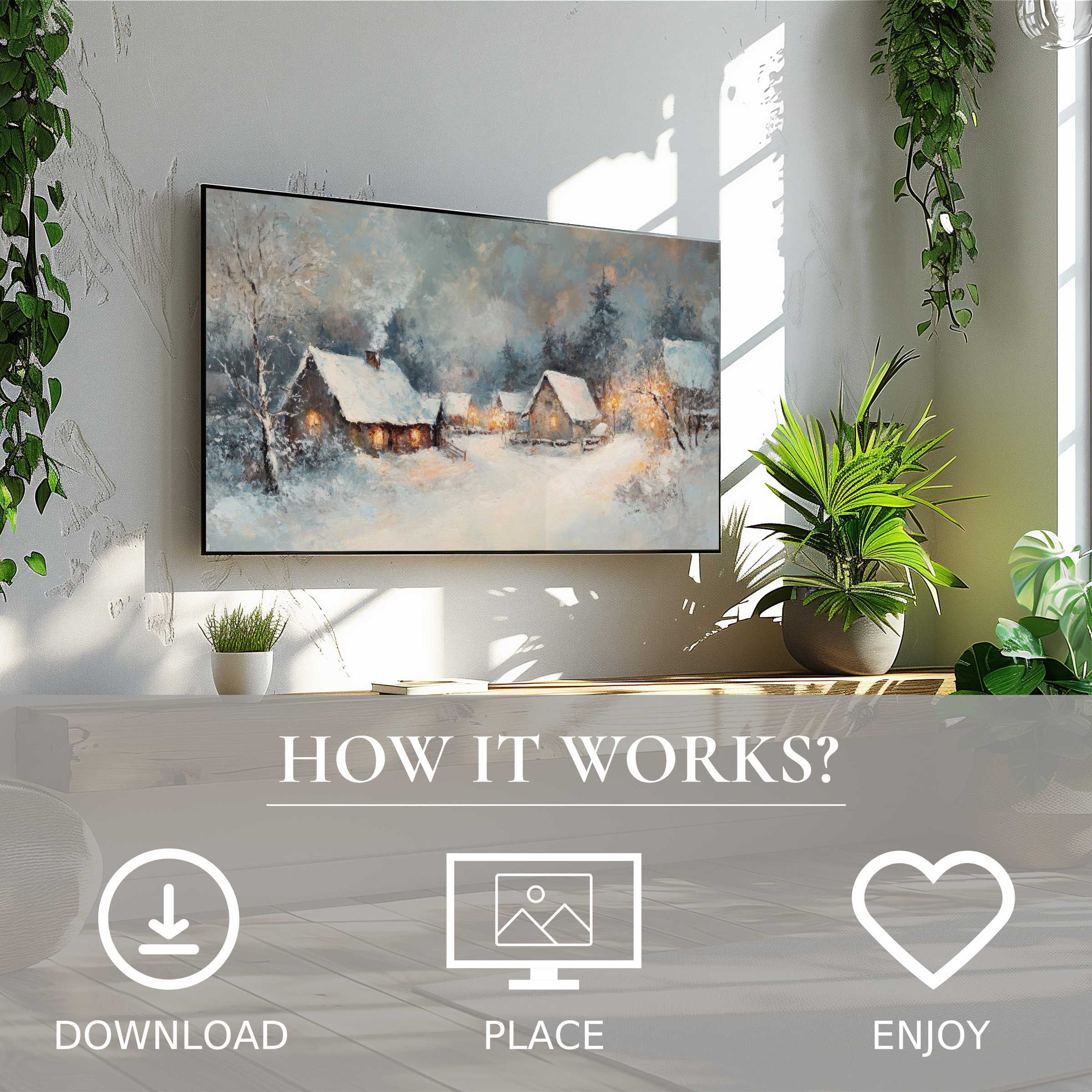 Winter art for Samsung TV shows cozy snowy cottages with warm lights, easy digital download enriches modern living spaces