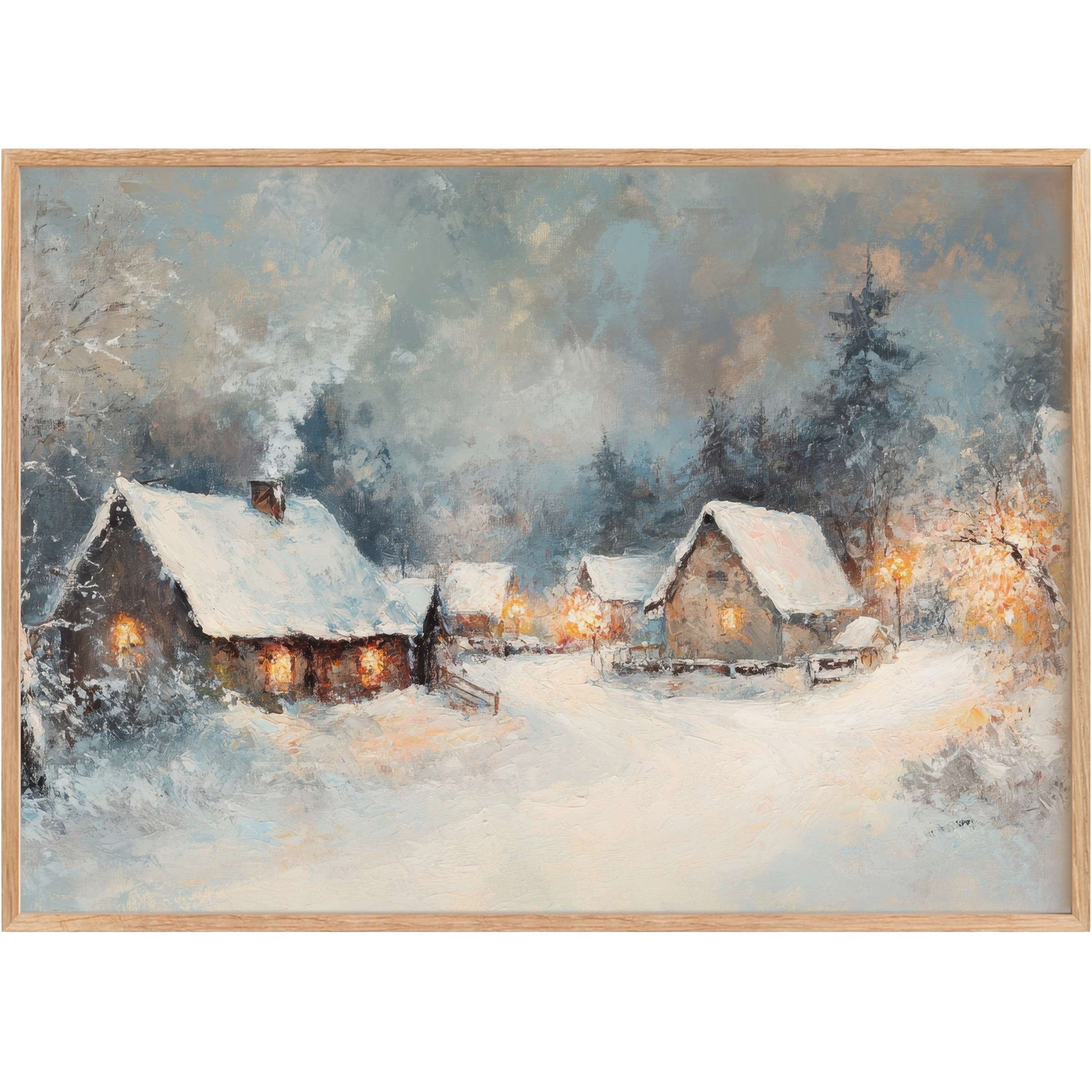 Cozy winter printable wall art with snow-dusted cottages and warm glowing lights, creating a serene, inviting ambiance