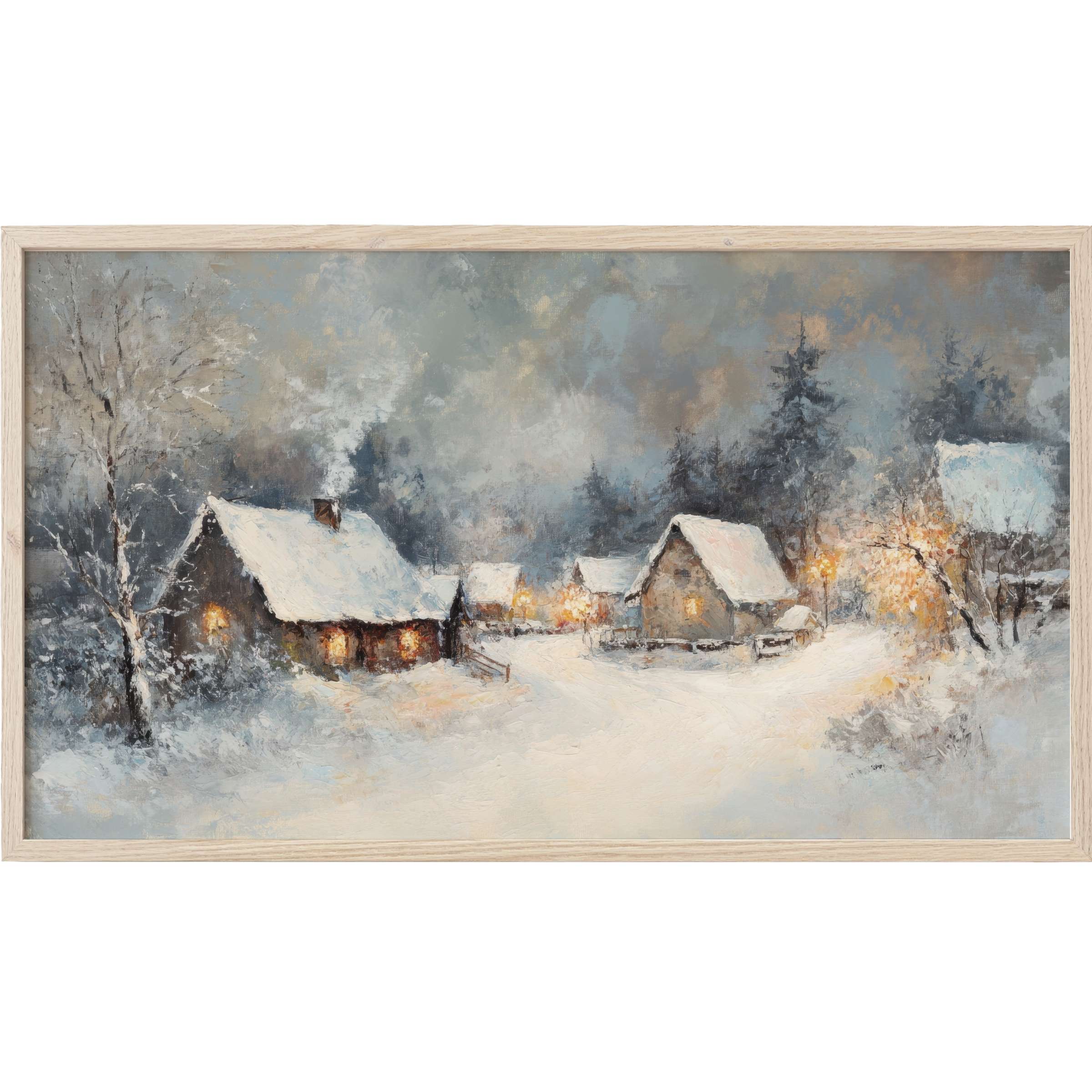 Winter Frame TV Art shows a serene snowy village in muted greys and warm glows, perfect for elegant, cozy decor