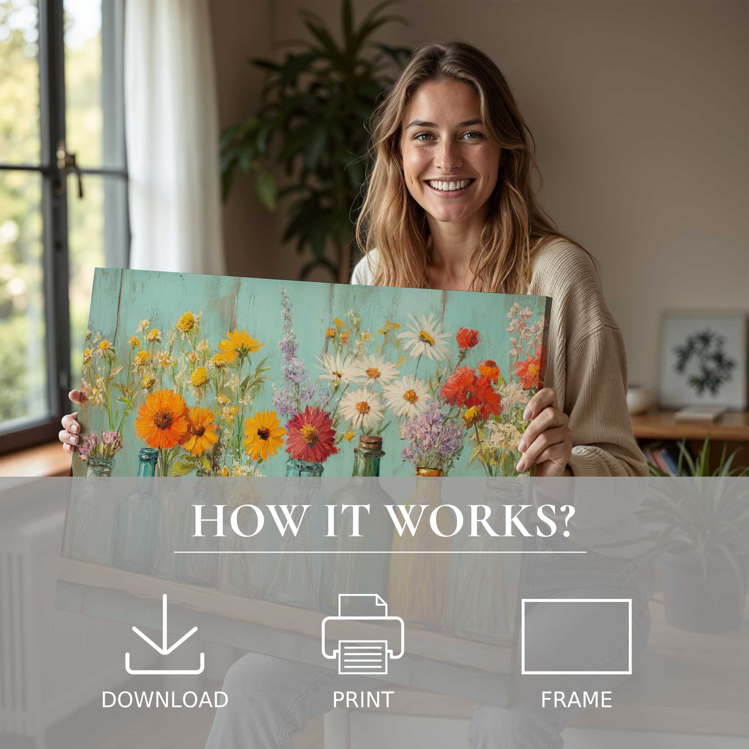 Bright boho digital art print of wildflowers, embraced in a sunlit modern home, inspiring effortless joy and connection