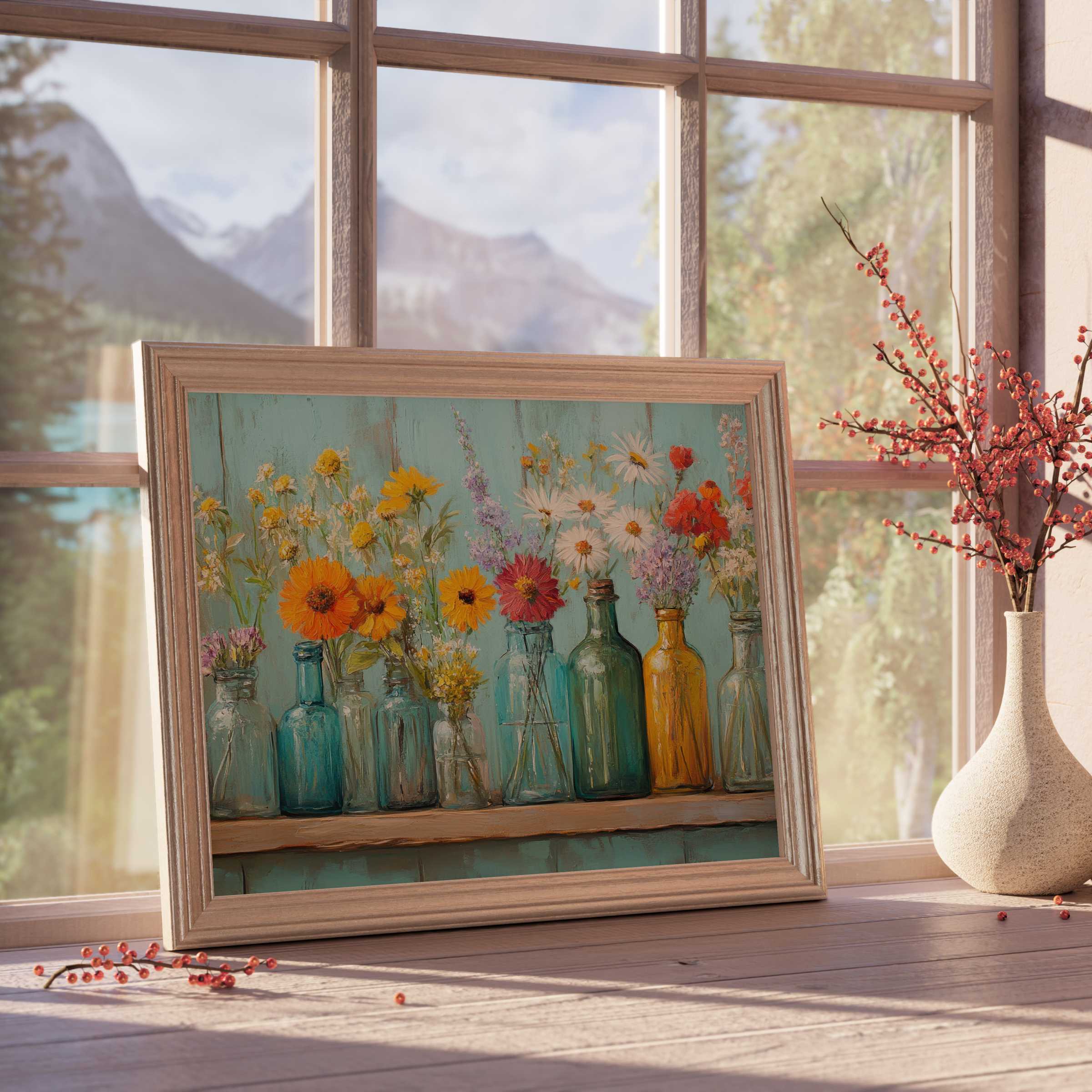 Boho downloadable art featuring vibrant wildflowers in vintage glass bottles, evoking warm, tranquil elegance in curated interiors
