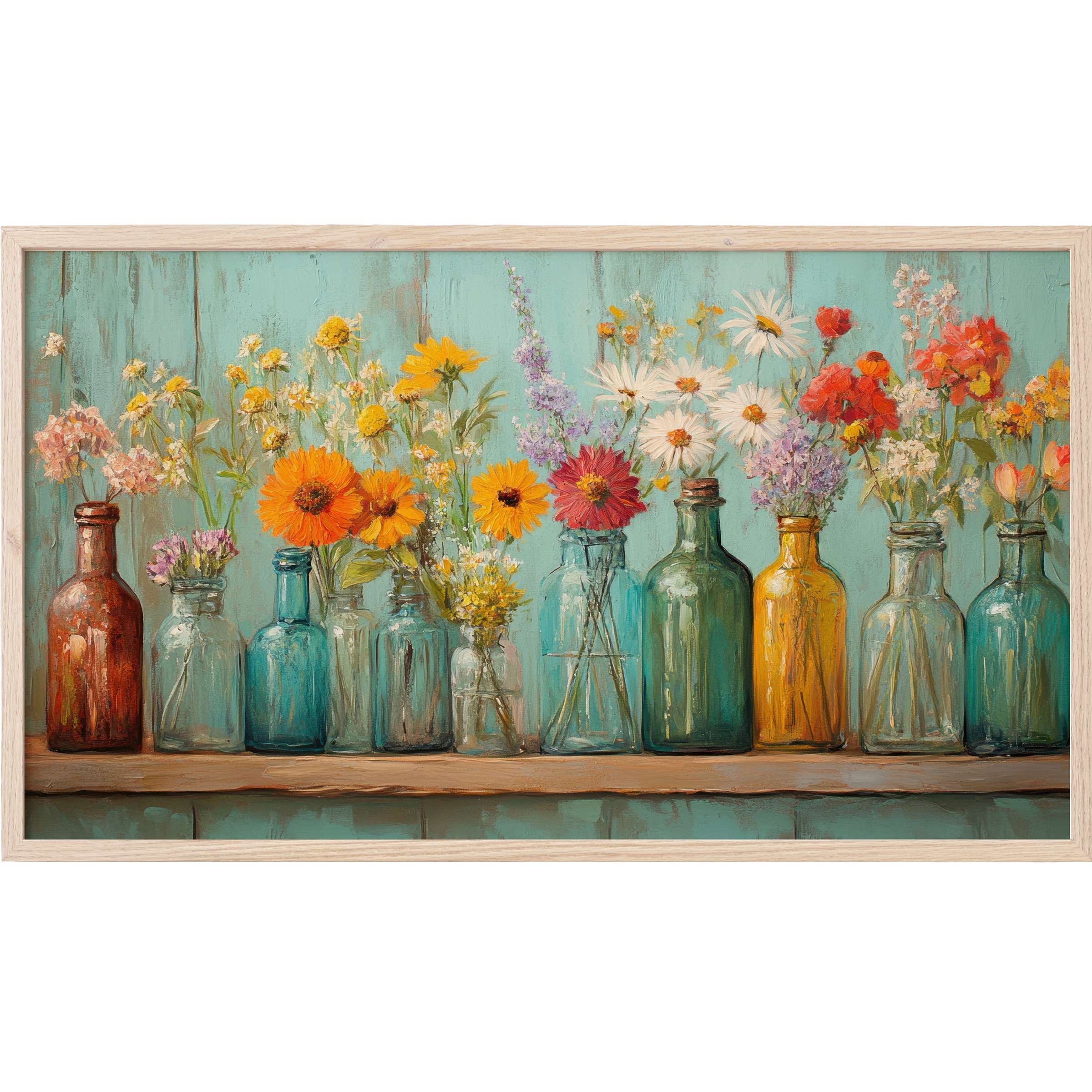 Boho Frame TV Art with vibrant wildflowers in rustic glass bottles against a textured turquoise background