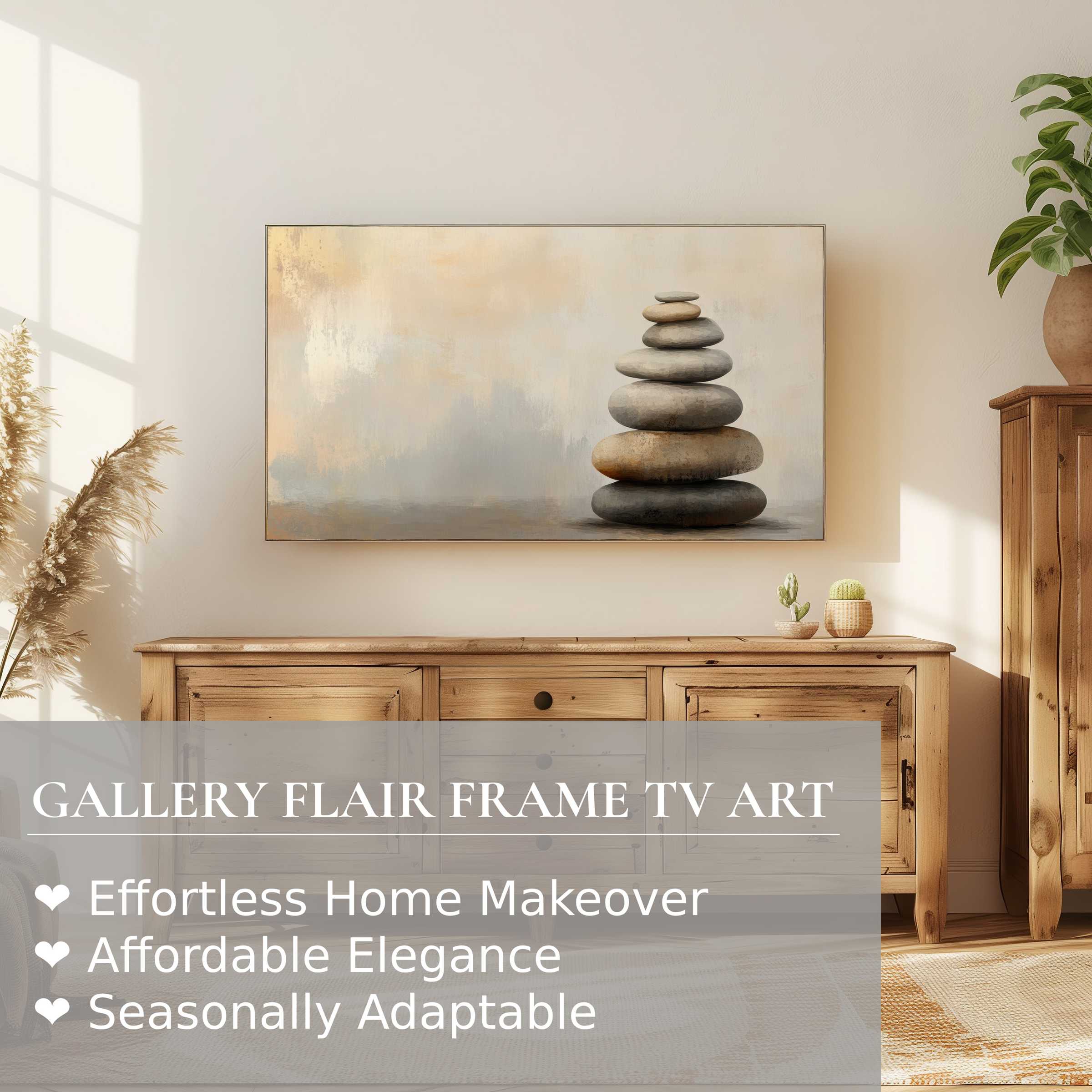 Modern living room with warm wood tones, Samsung Frame TV displaying neutral digital artwork of balanced stones