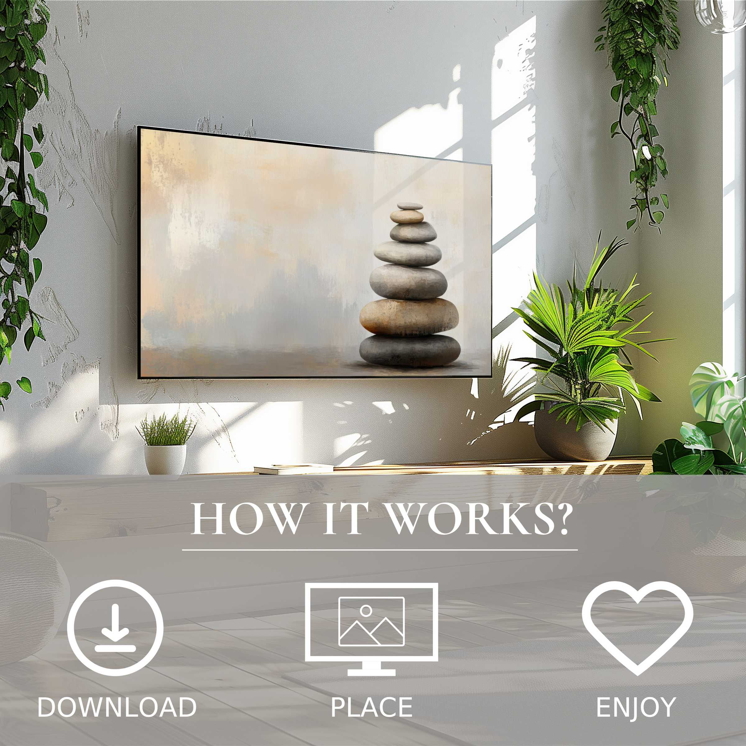 Neutral art for Samsung TV shows stacked stones in soft beige tones, easy digital download enriches modern living spaces