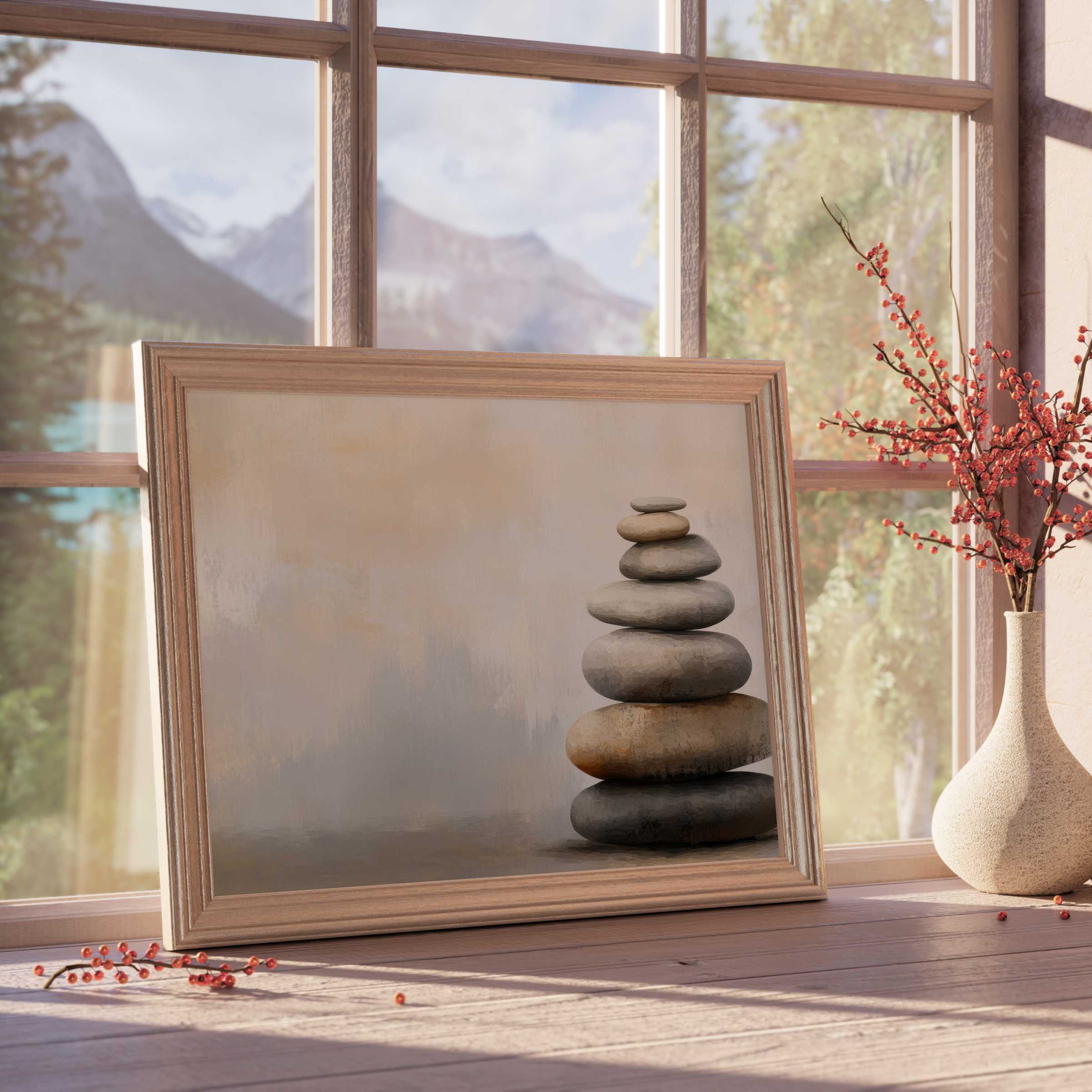 Neutral downloadable art featuring serene stacked stones in warm earthy tones, enhancing tranquil, curated interiors with timeless calm