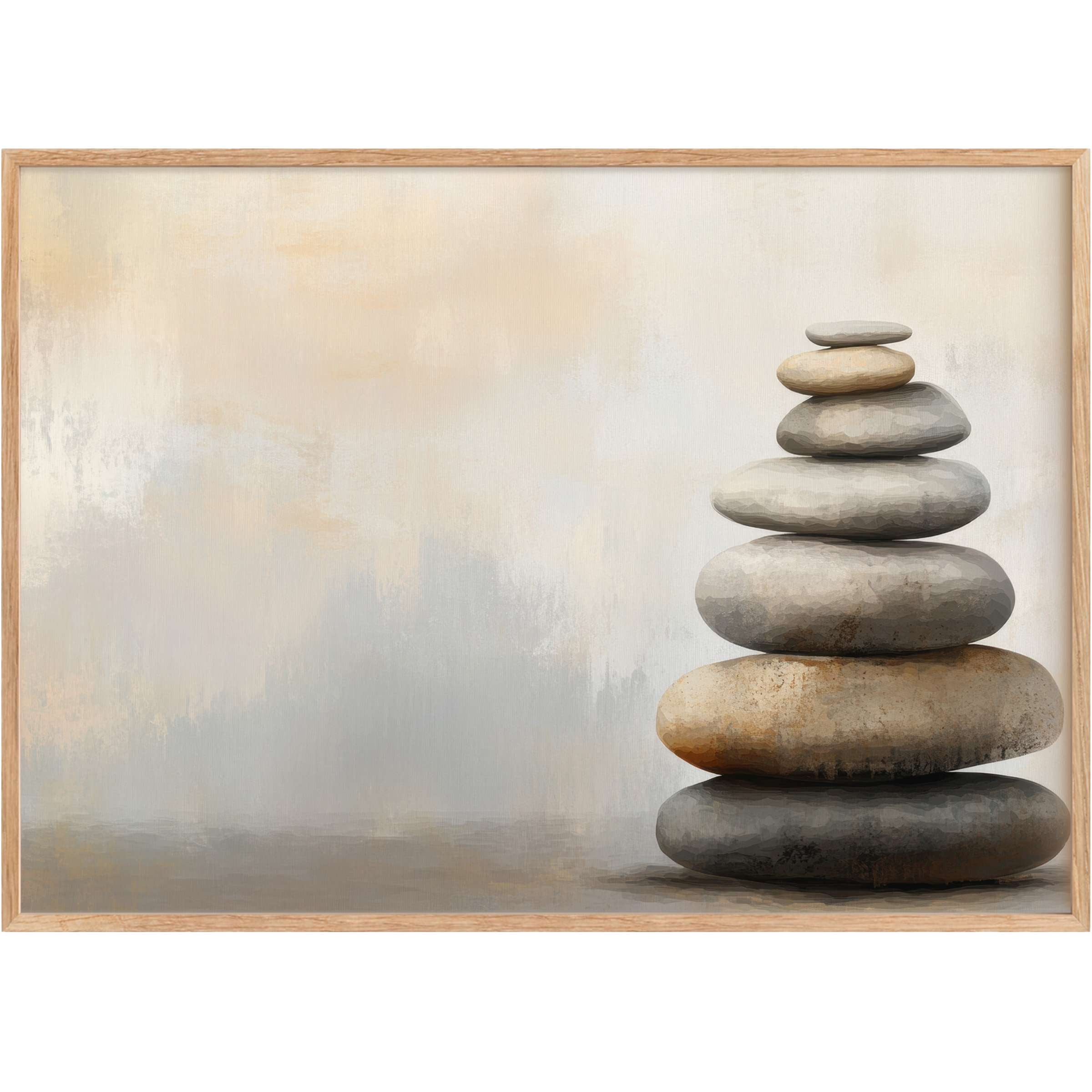 Neutral printable wall art featuring a serene stack of smooth stones in soft grays and warm beiges, inspiring calm and balance