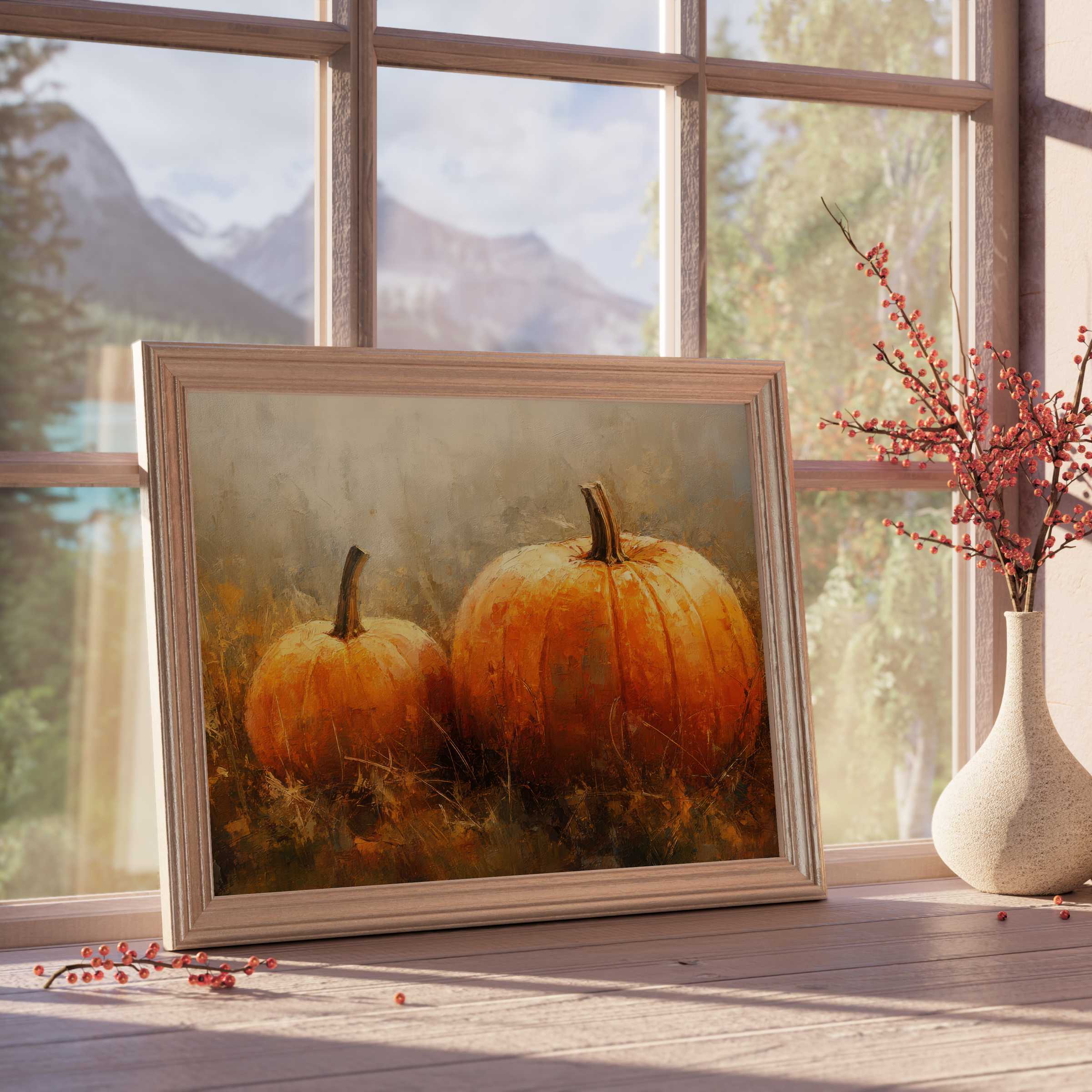 Fall downloadable art featuring warm, textured pumpkins in soft autumnal hues, perfect for curated, tranquil living spaces