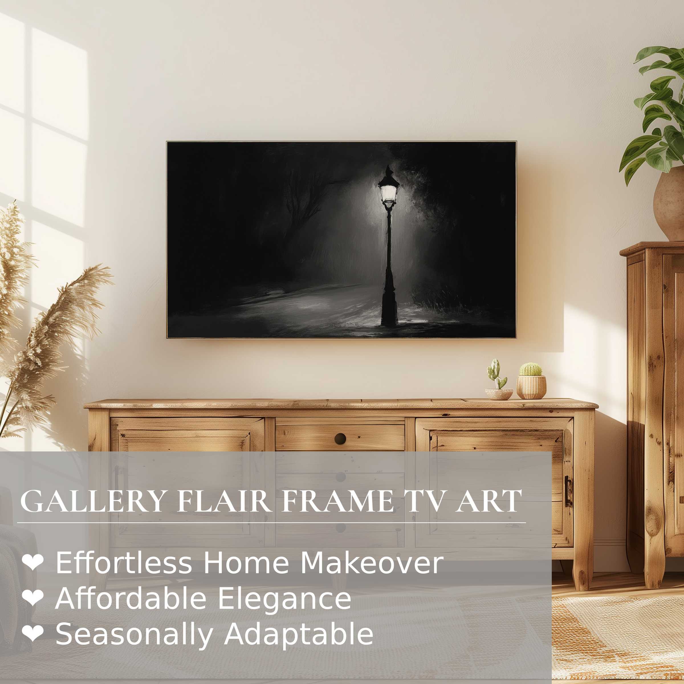Samsung Frame TV displaying black and white digital artwork of a solitary lamp post in a serene, elegant setting