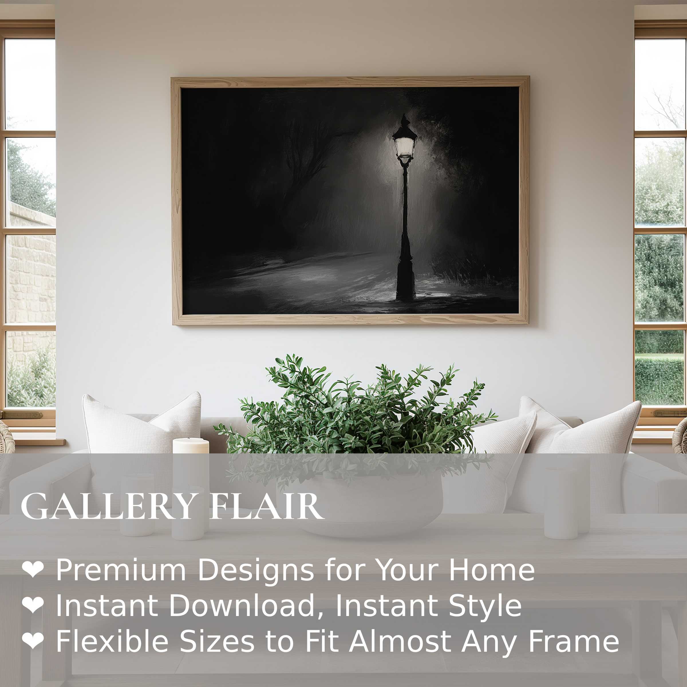 Black and white wall art print featuring a bold, luminous streetlamp in a moody, modern minimalist interior, adding dramatic elegance and depth