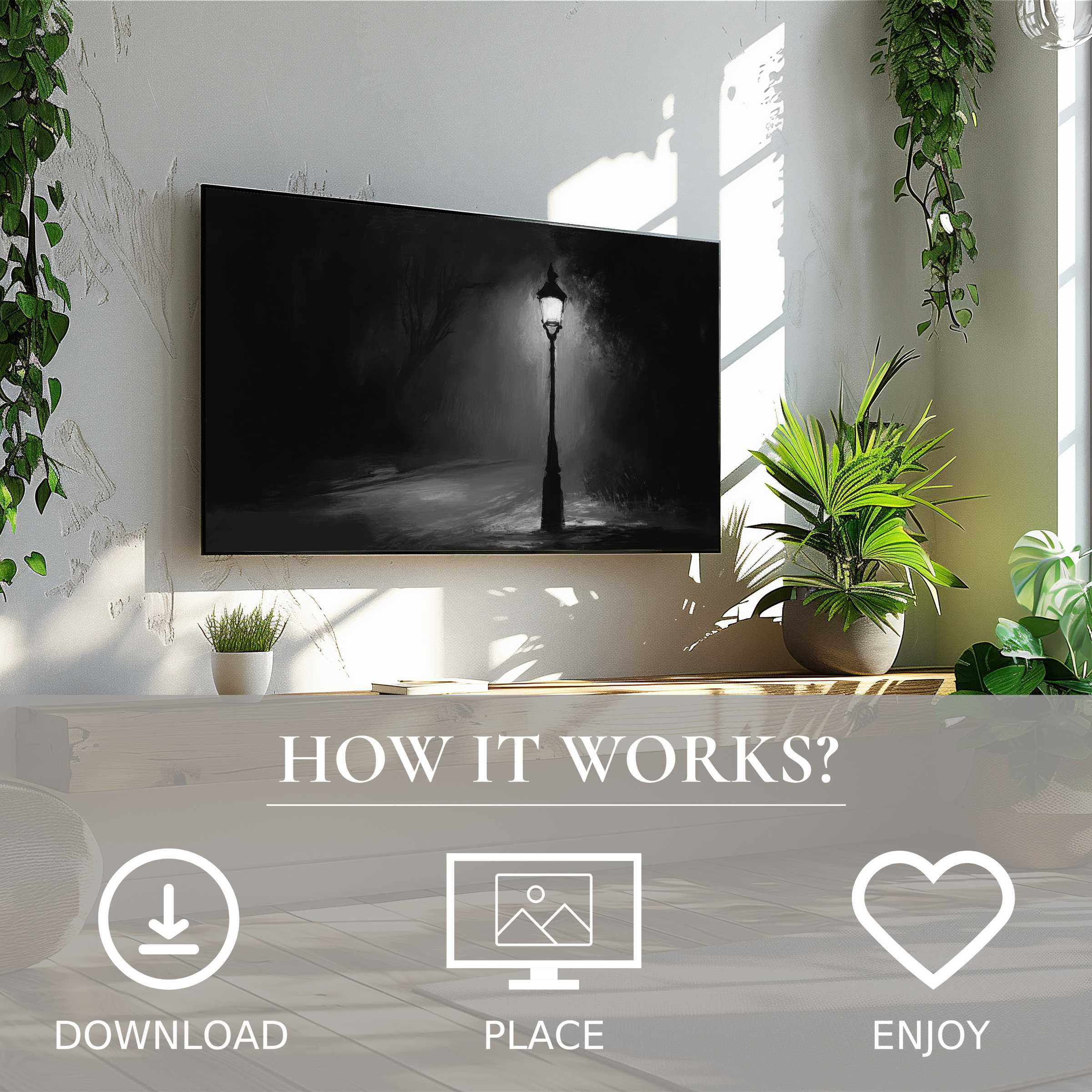 Black and white art for Samsung TV shows a soft glowing streetlamp, easy digital download enriches modern living spaces