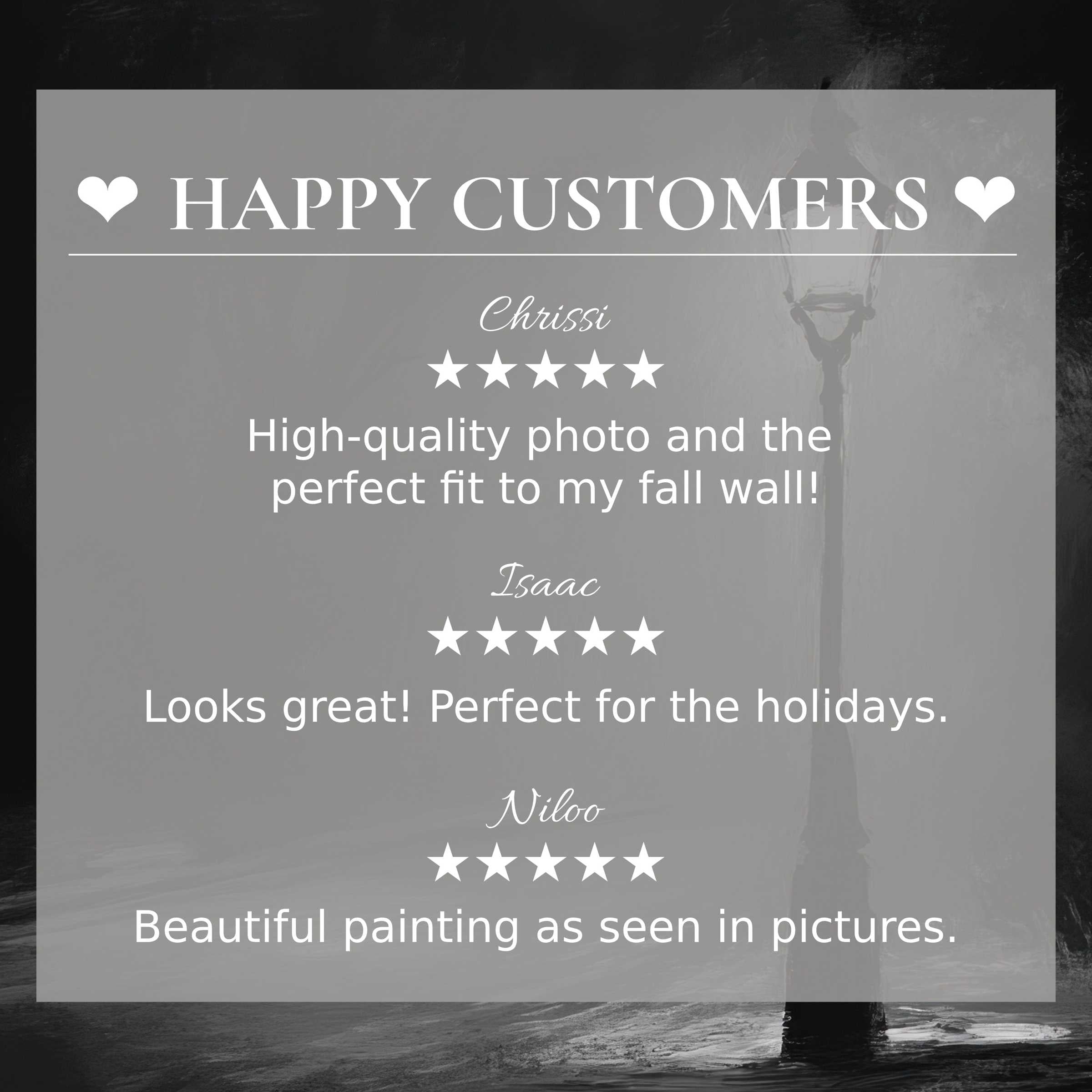 Black and white art for Frame TV with glowing lamp post background, highlighting happy customer reviews and elegant design