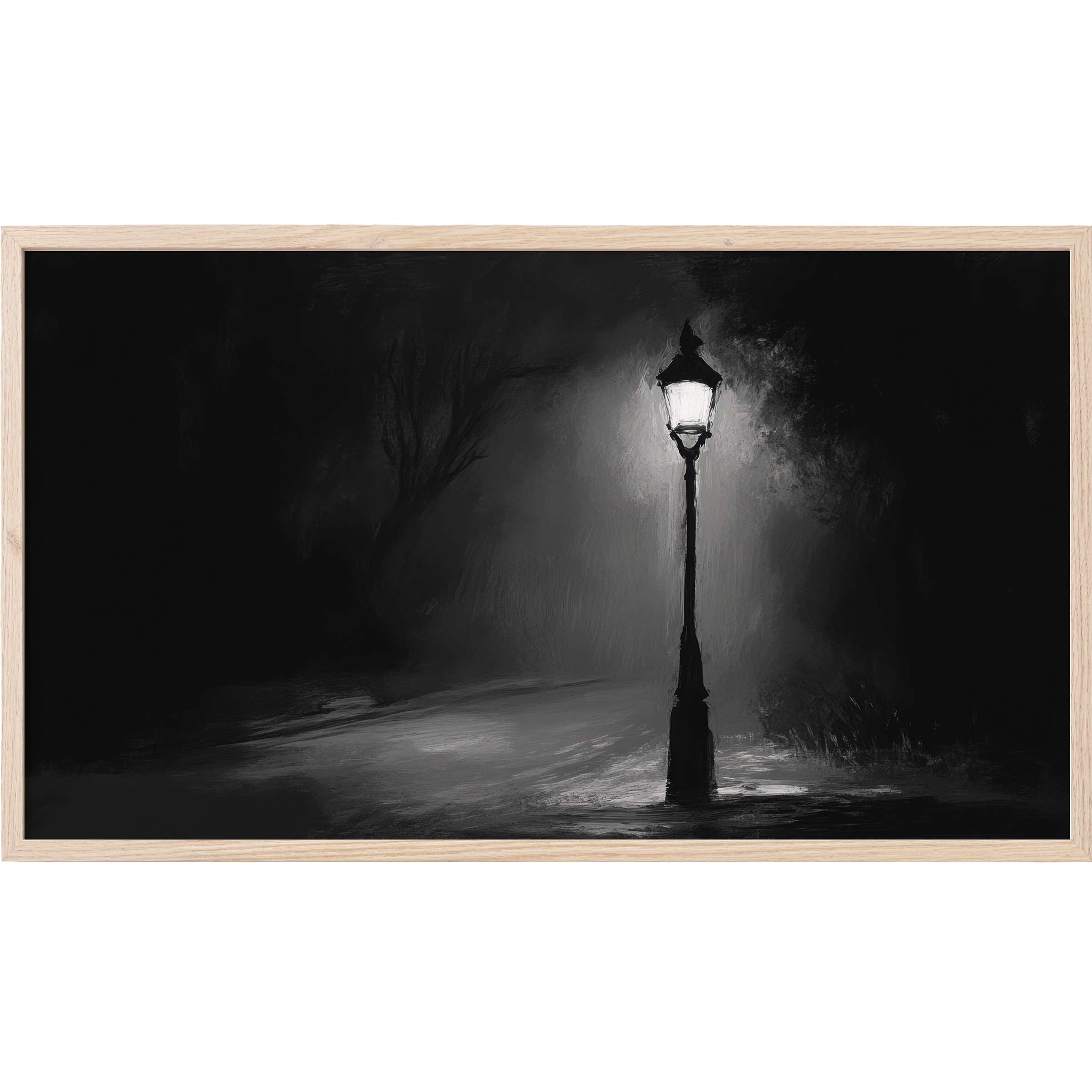 Elegant black and white Frame TV Art featuring a softly glowing streetlamp in a misty, shadowy night scene