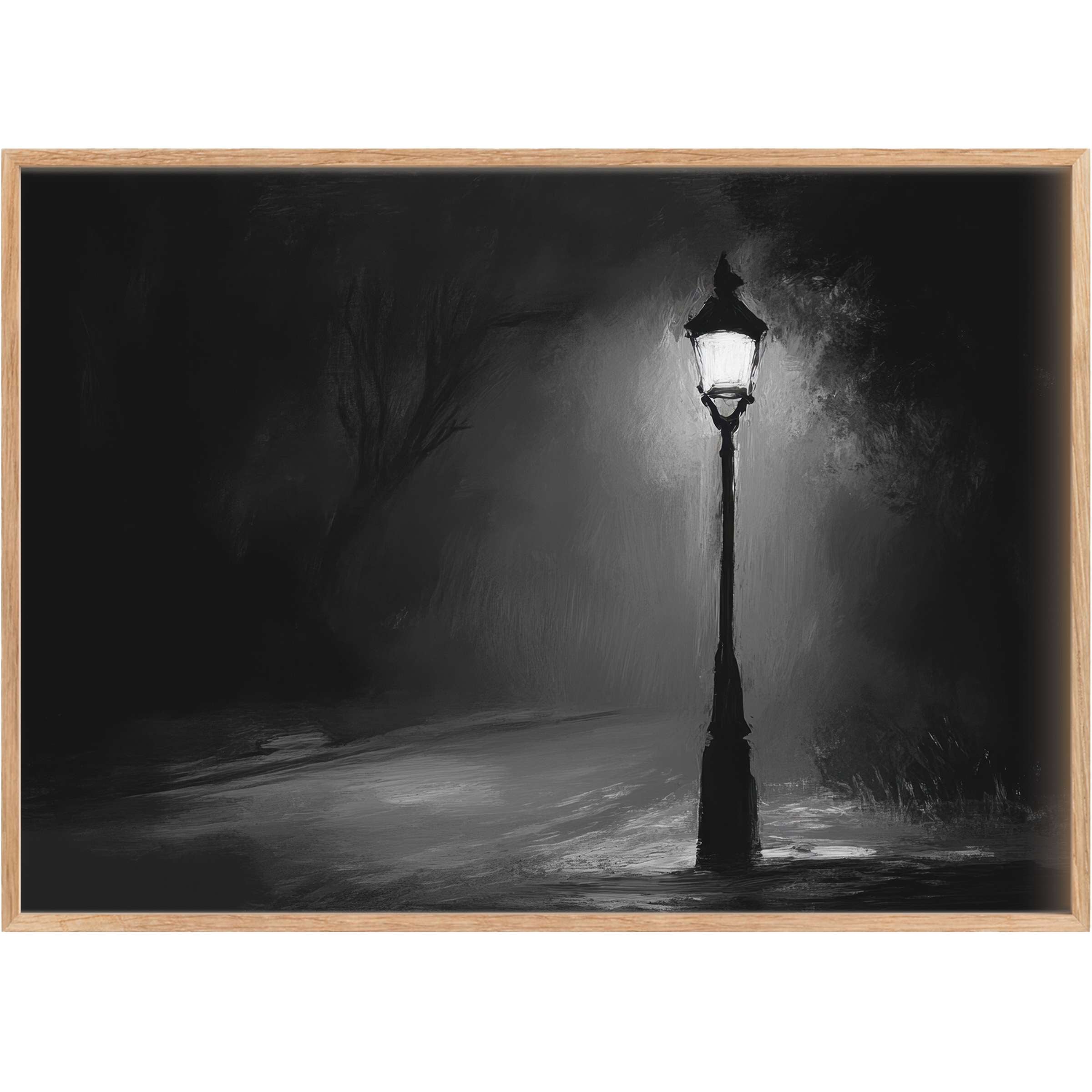 Elegant black and white printable wall art capturing a solitary lamppost’s glow, evoking a serene, contemplative nightscape