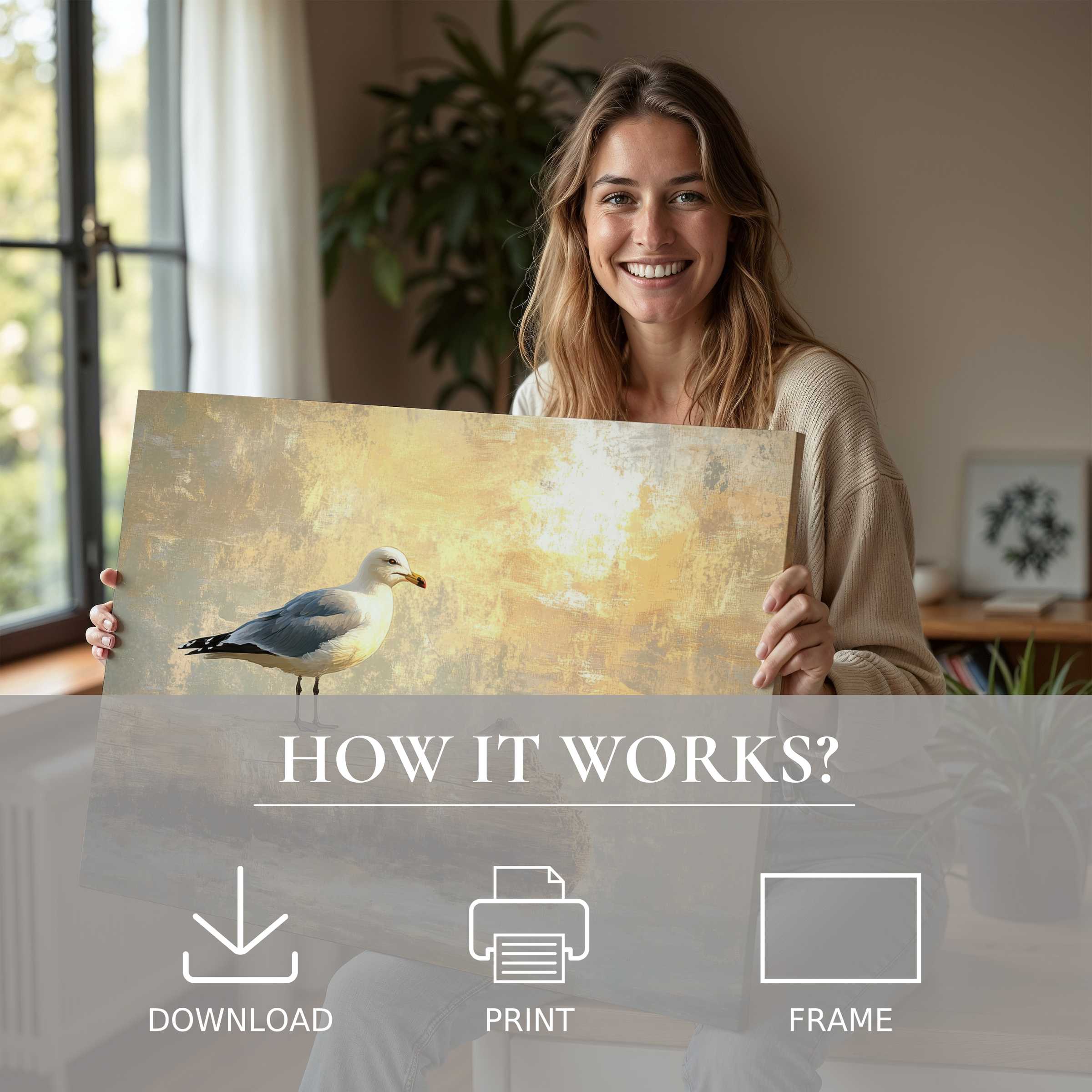 Coastal digital art print radiates serene warmth as it transforms a stylish home with effortless, joyful elegance and timeless beauty