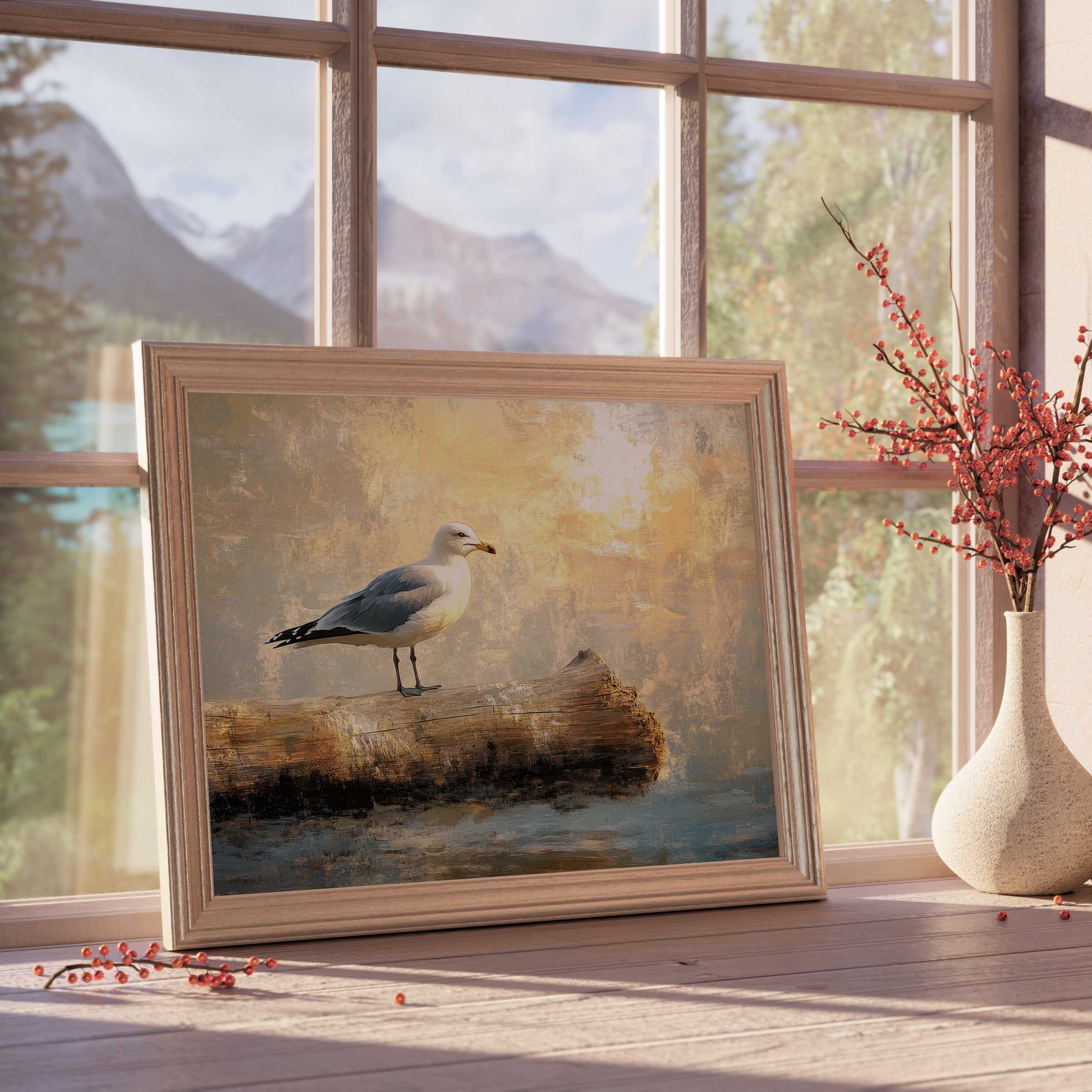 Coastal downloadable art capturing serene seagull grace on driftwood, infusing calm, curated elegance into premium interiors