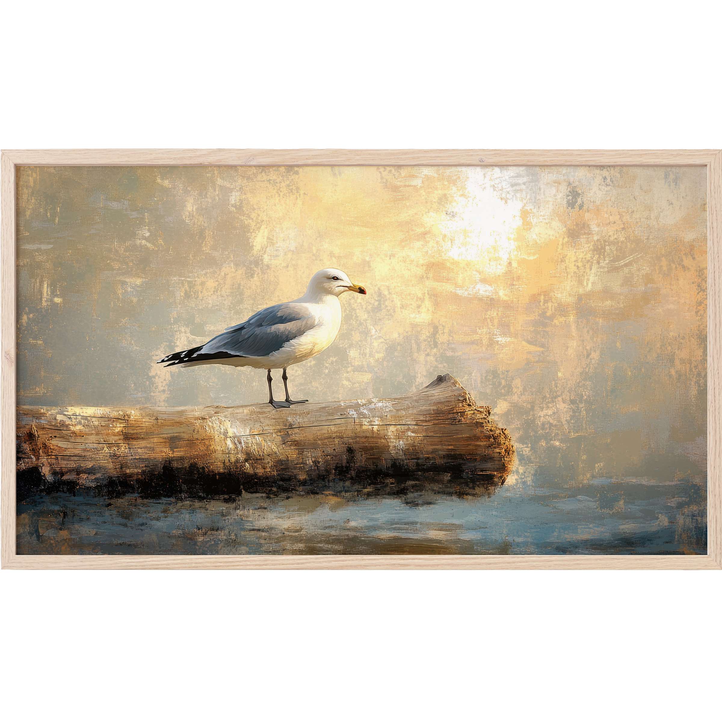 Coastal Frame TV Art featuring a serene seagull on driftwood, in muted gold, blue, and beige tones with a textured finish