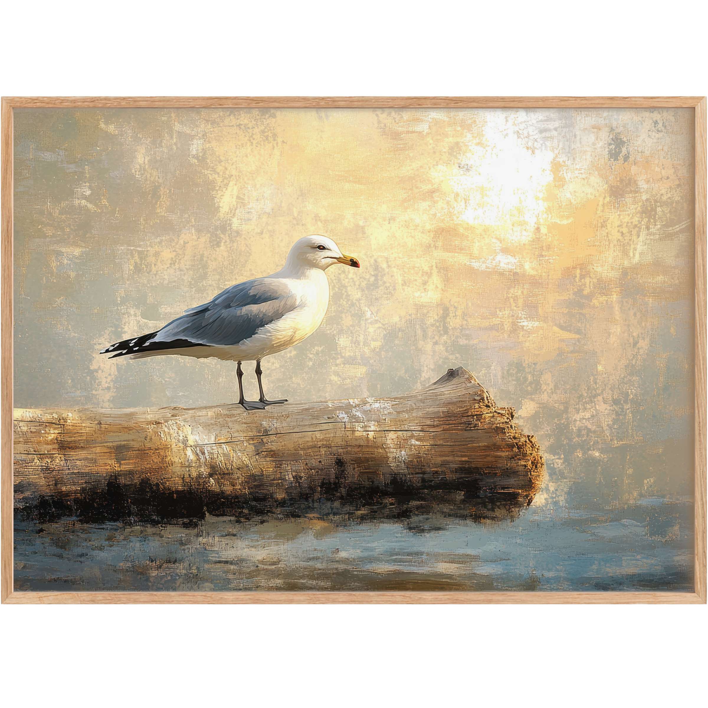Coastal printable wall art featuring a serene seagull perched on driftwood, bathed in warm golden light for a calming, elegant ambiance