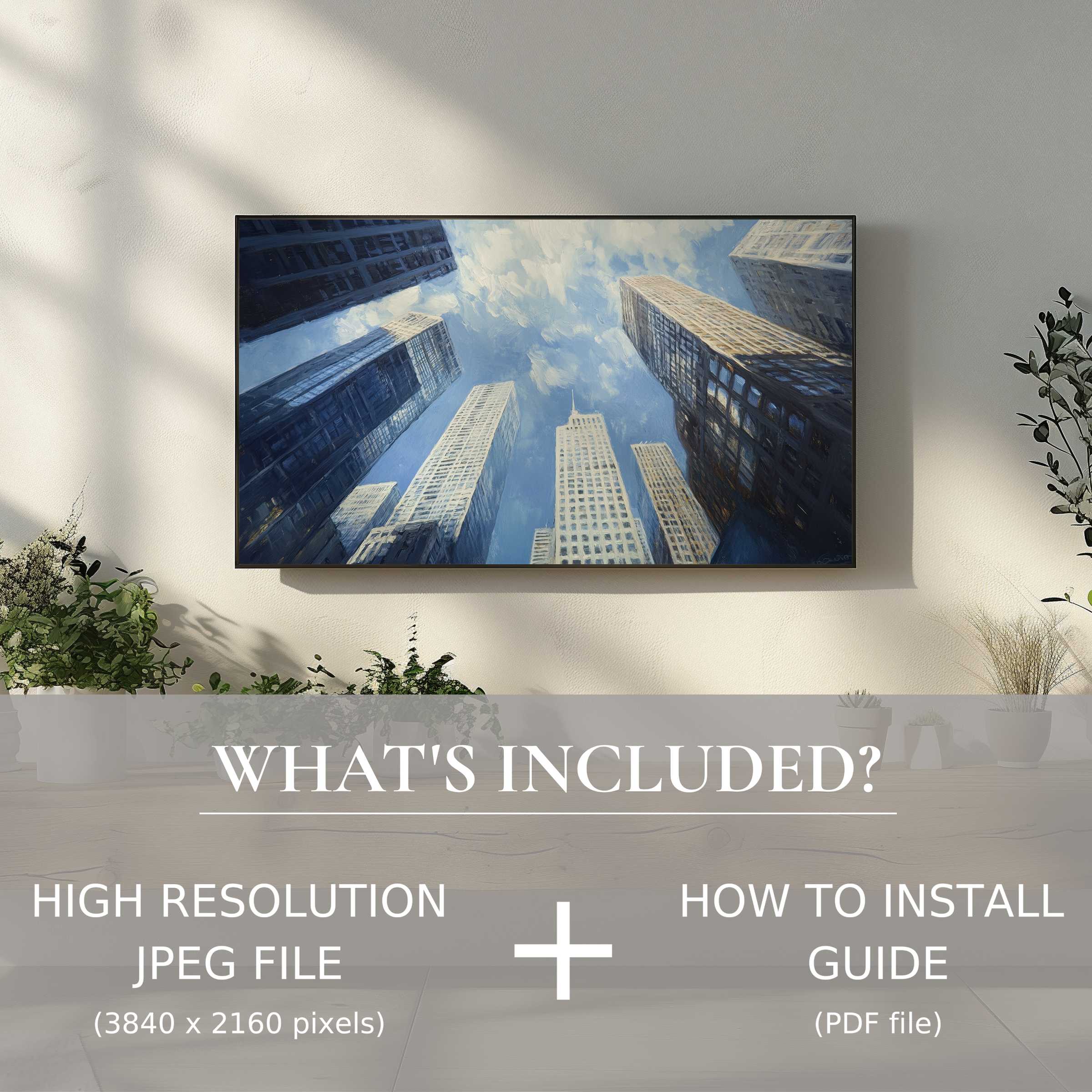 Elegant living space with urban digital TV art download featuring cityscape, easy digital use enhances modern decor