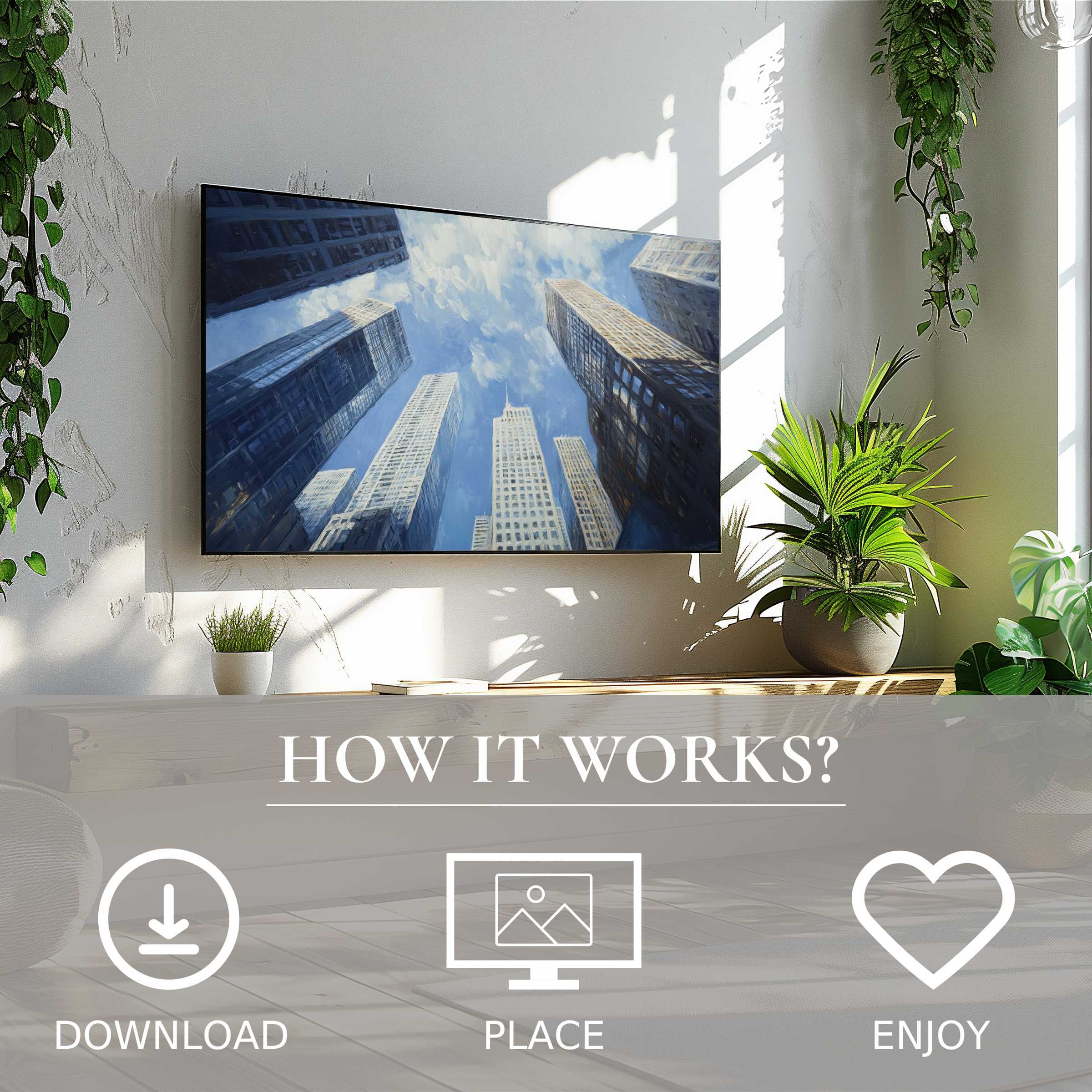 Urban art for Samsung TV: cityscape motif in soft blue tones, easy digital download enhances modern living spaces instantly