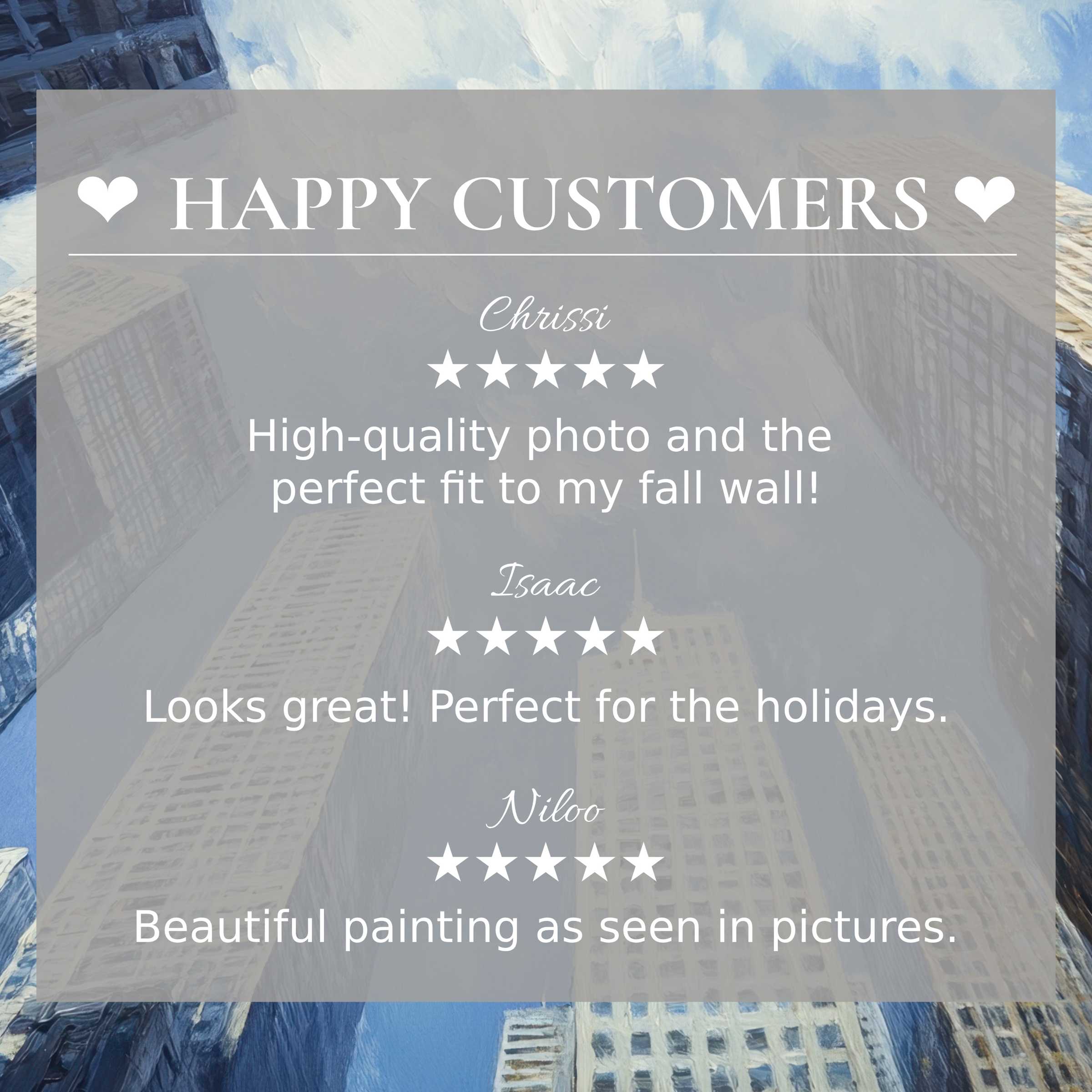 Urban art for Frame TV with abstract blue skyscraper background, showcasing elegant design and happy customer reviews