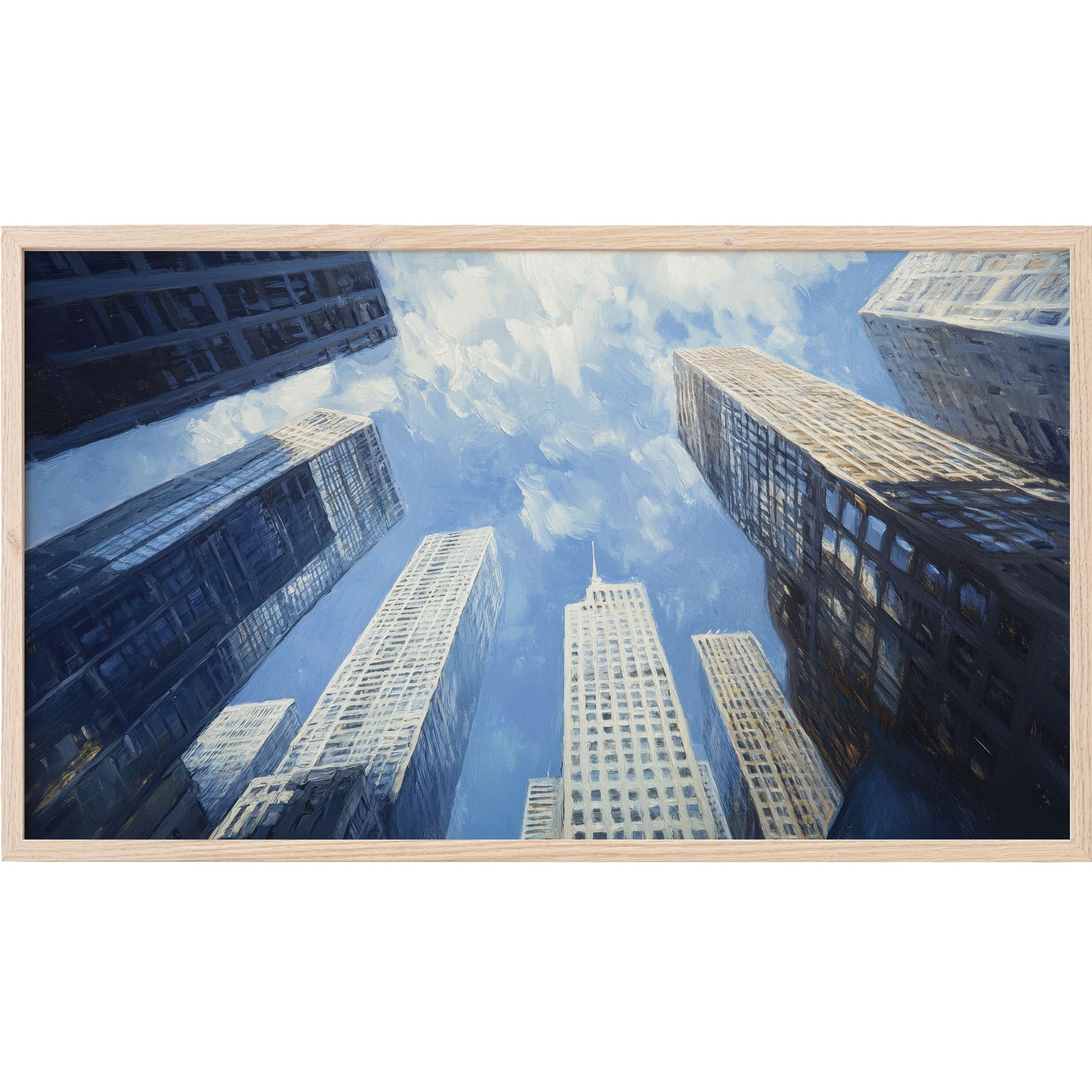 Urban Frame TV Art showing towering skyscrapers with blue and beige tones in a sleek, modern cityscape style