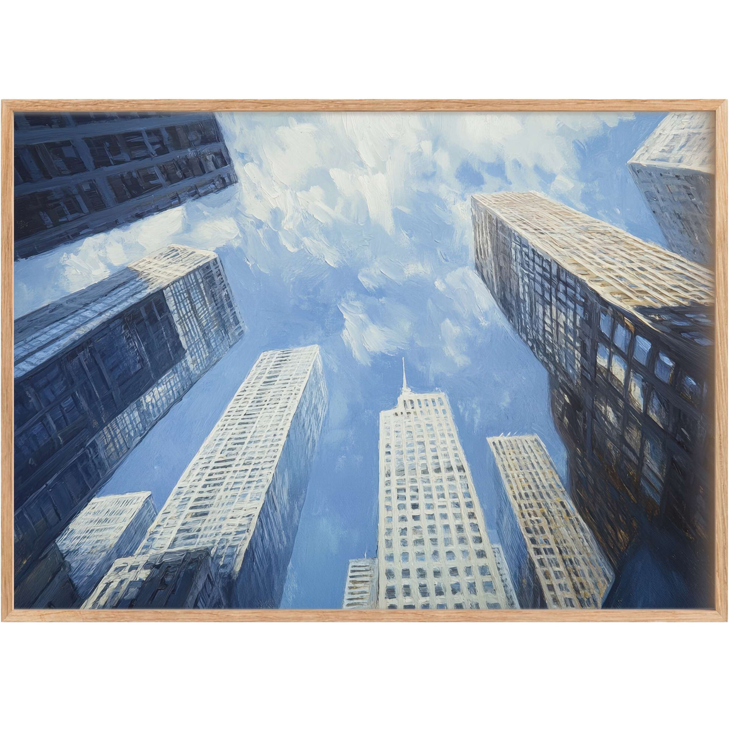 Elevate interiors with urban printable wall art capturing radiant skyscrapers in soft blues and warm sunlight, inspiring ambition and calm