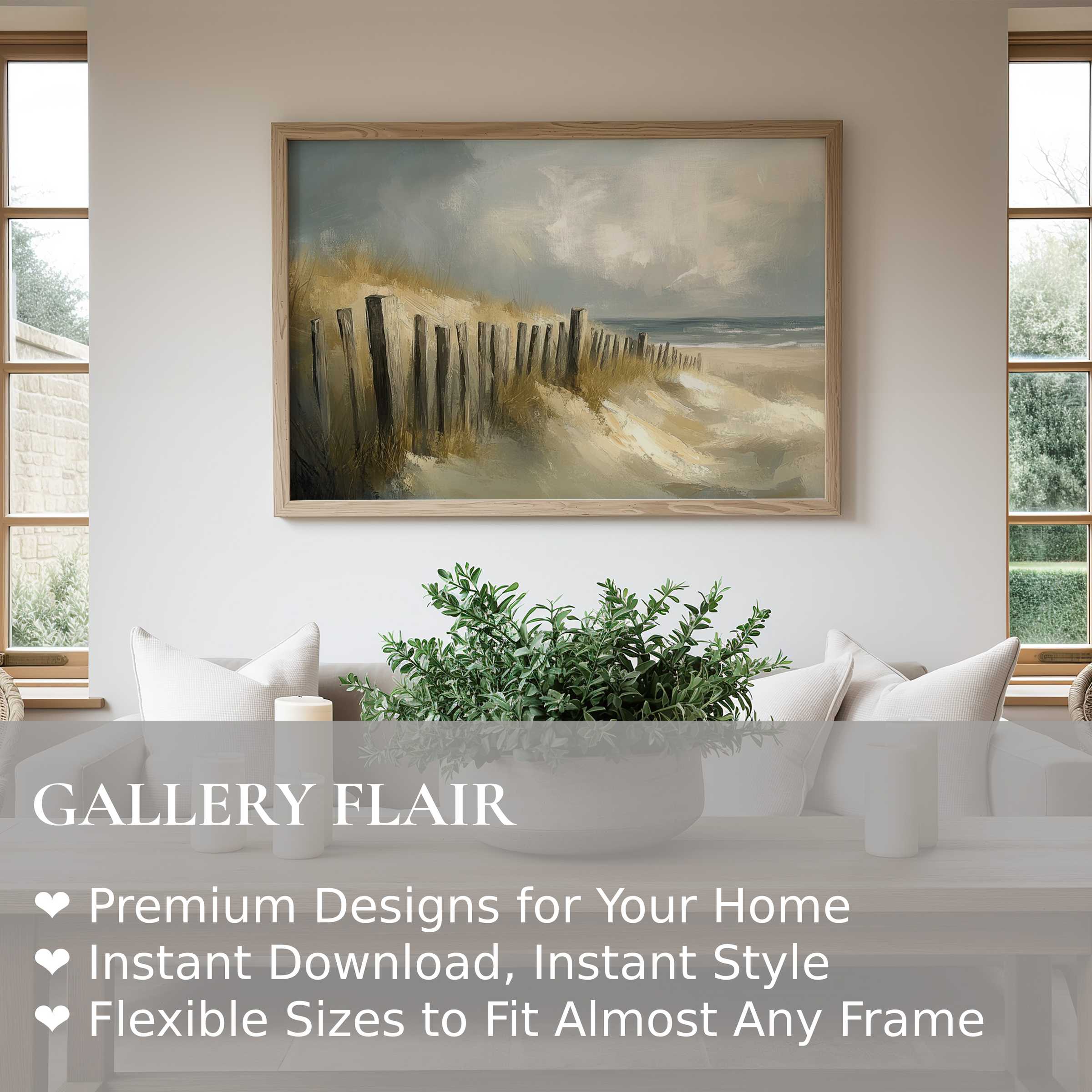 Calming beach wall art print capturing windswept dunes and rustic fencing in soft, muted tones, elevating modern coastal interiors