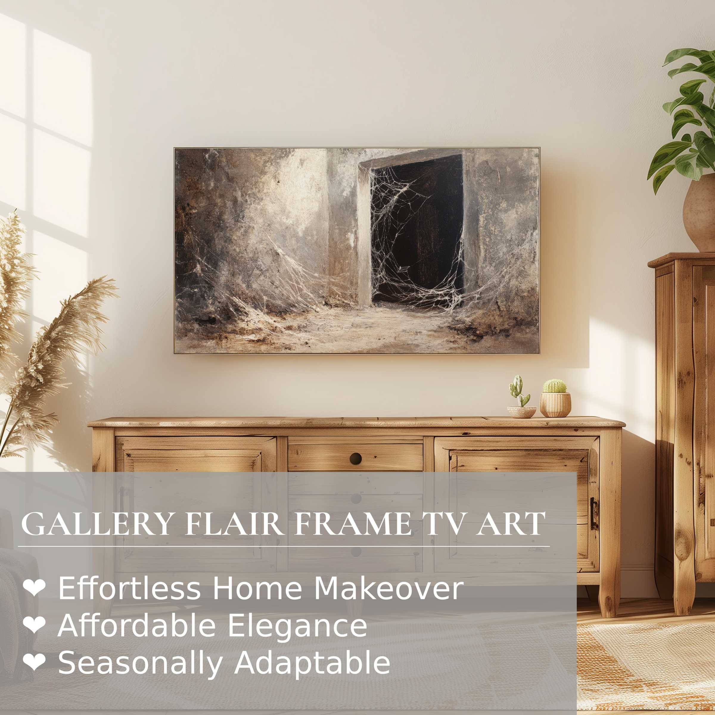 Samsung Frame TV displays moody, textured halloween digital artwork in a refined, warm, modern living space