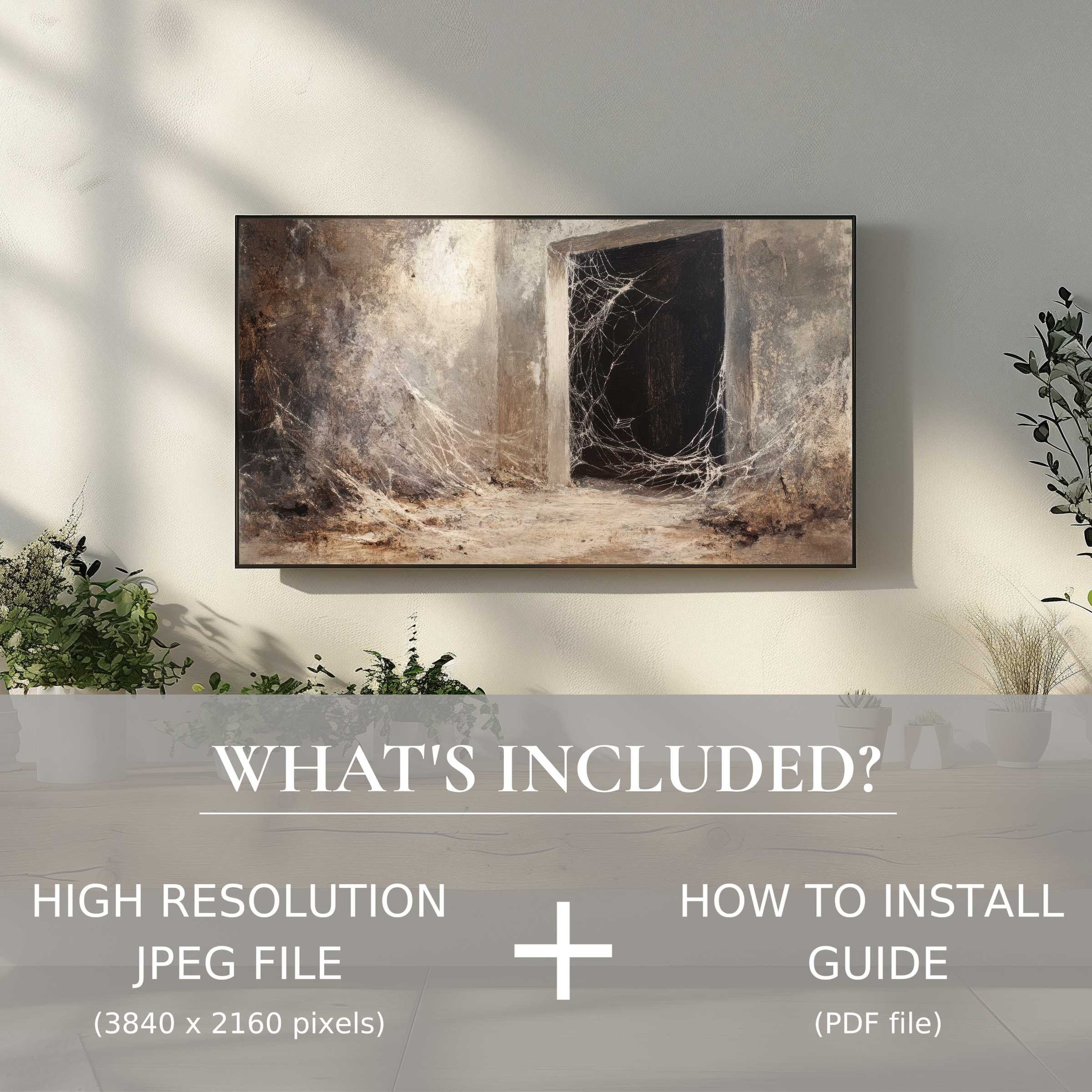 Modern living room showcasing a halloween digital TV art download; easy digital use enhances elegant decor